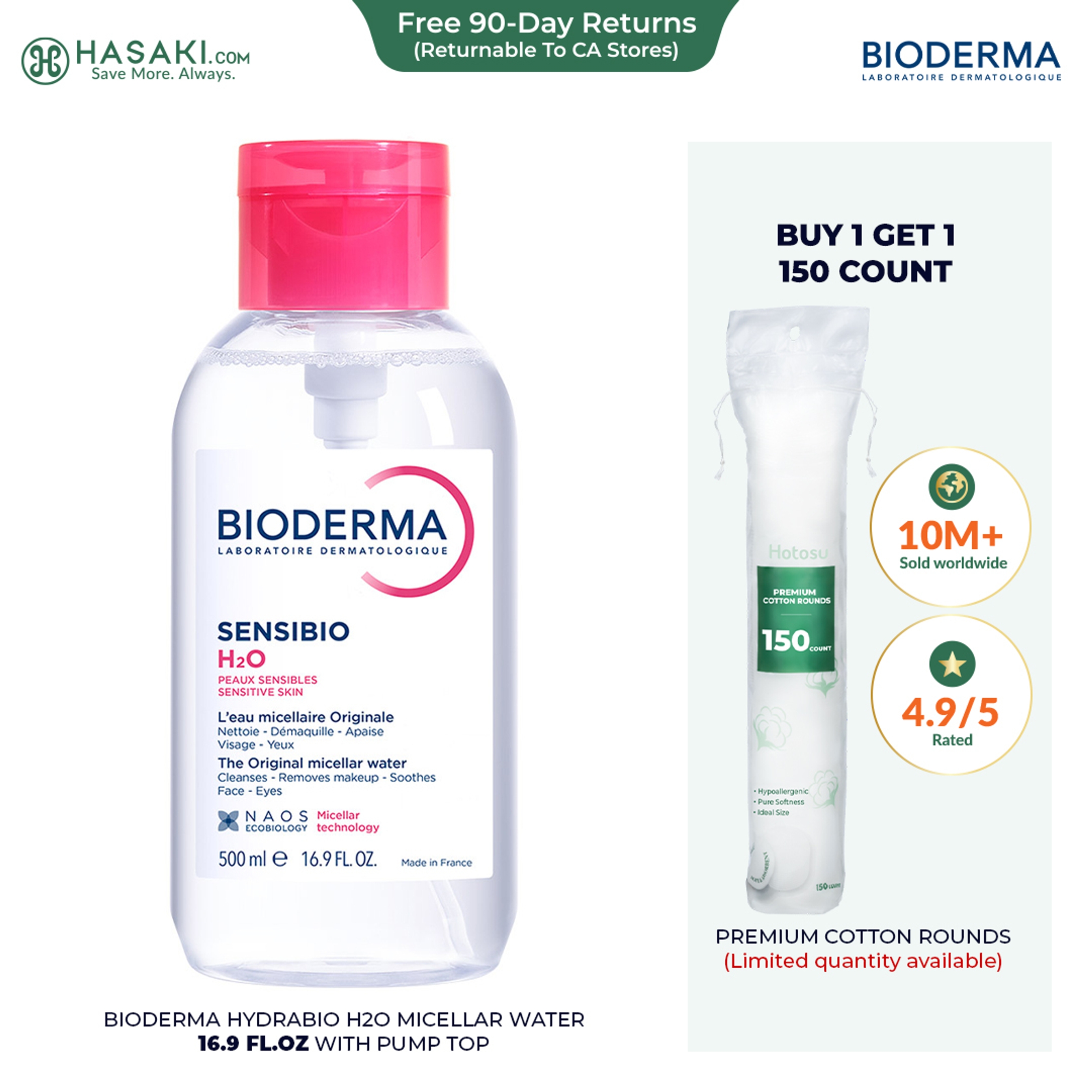 Bioderma Sensibio H2O Micellar Water 16.9 fl.oz with Pump Top - Face Cleanser for Sensitive Skin 1