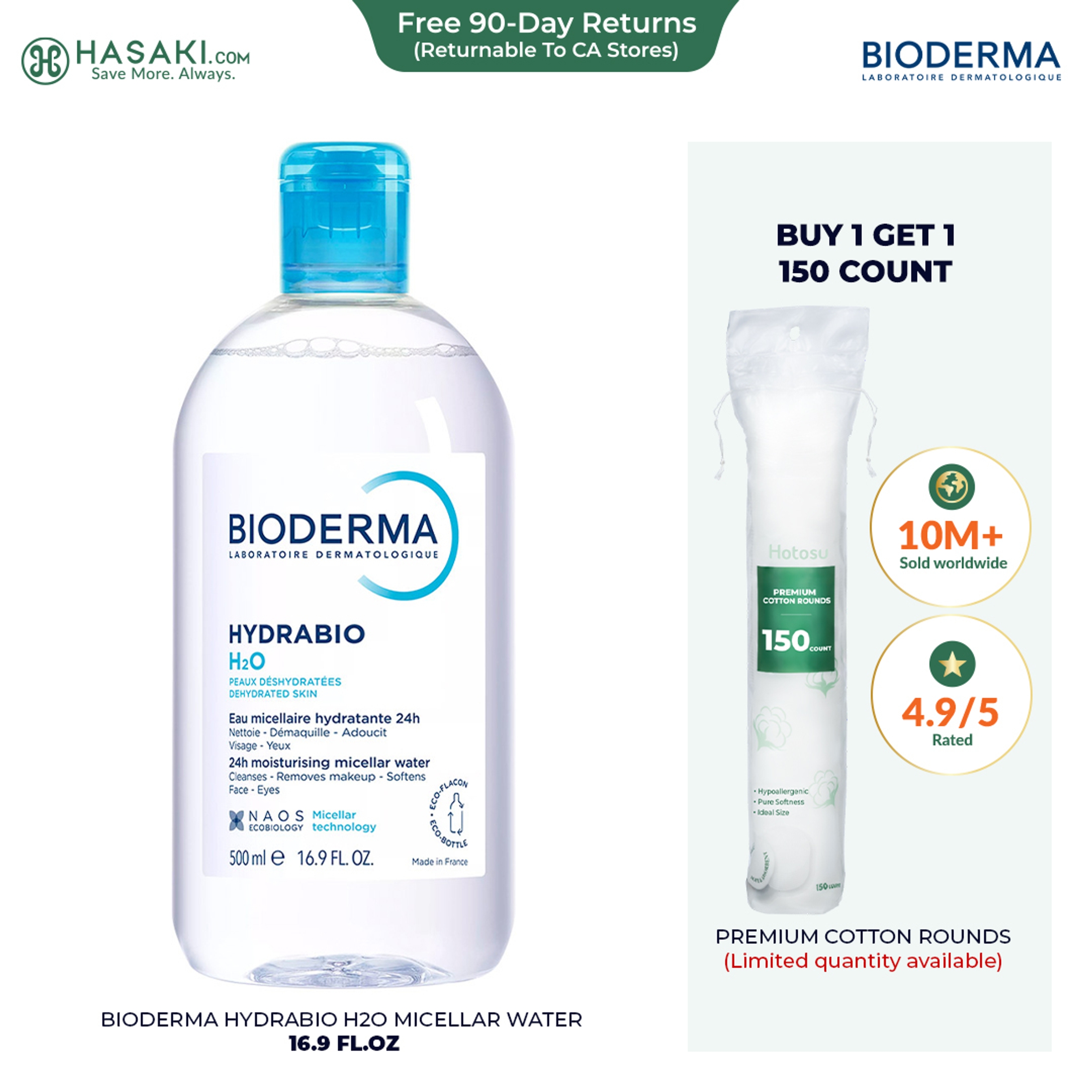 Bioderma Hydrabio H2O Micellar Water 16.9 fl.oz - Micellar Cleansing Water for Dehydrated Sensitive Skin 1