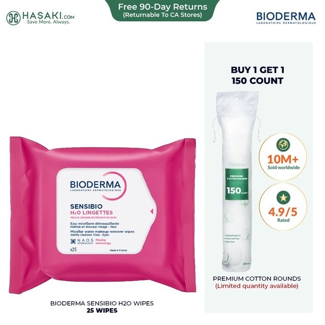 Bioderma Sensibio H2O Wipes (25 Wipes) - Cleansing and Makeup Removing for Sensitive Skin