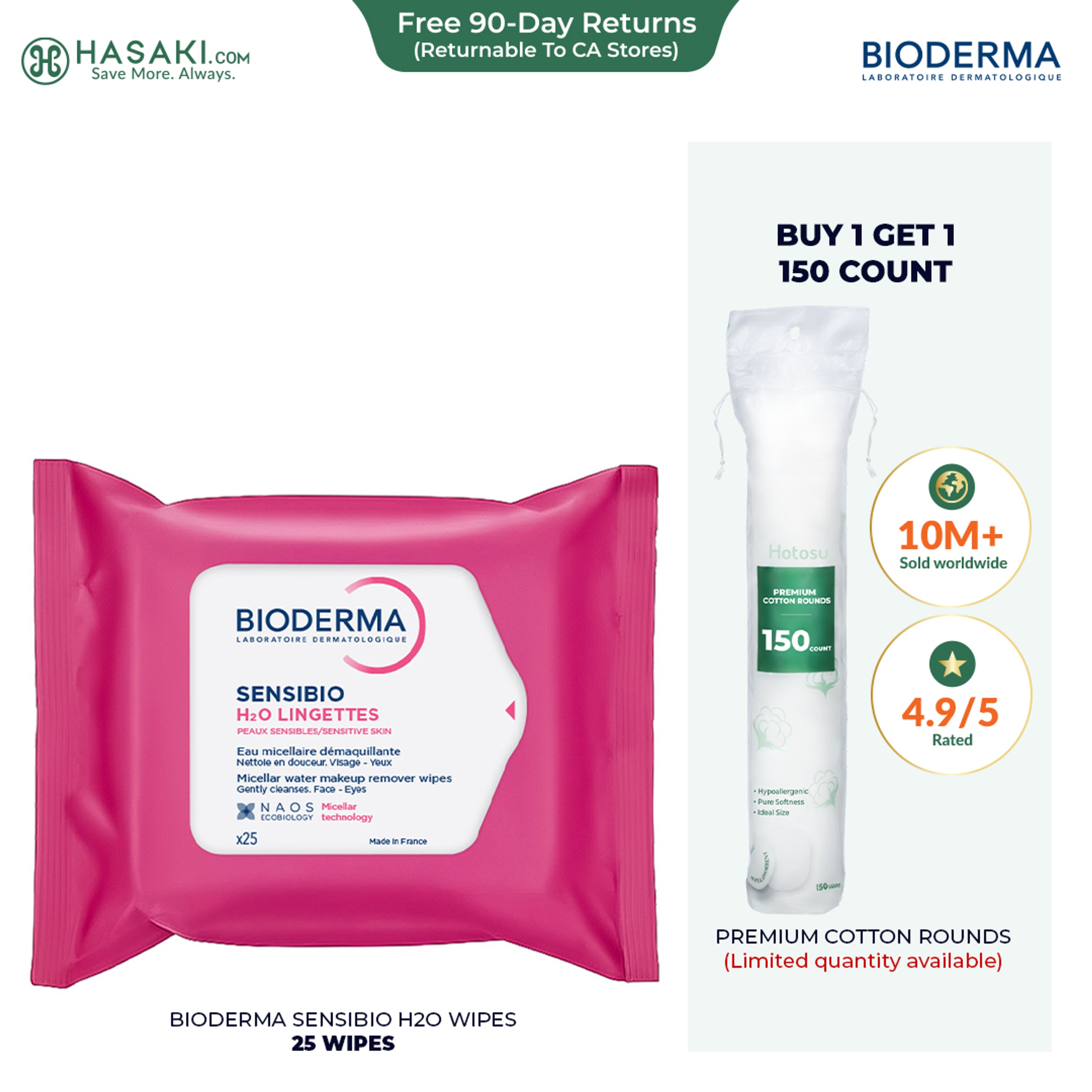Bioderma Sensibio H2O Wipes (25 Wipes) - Cleansing and Makeup Removing for Sensitive Skin 1