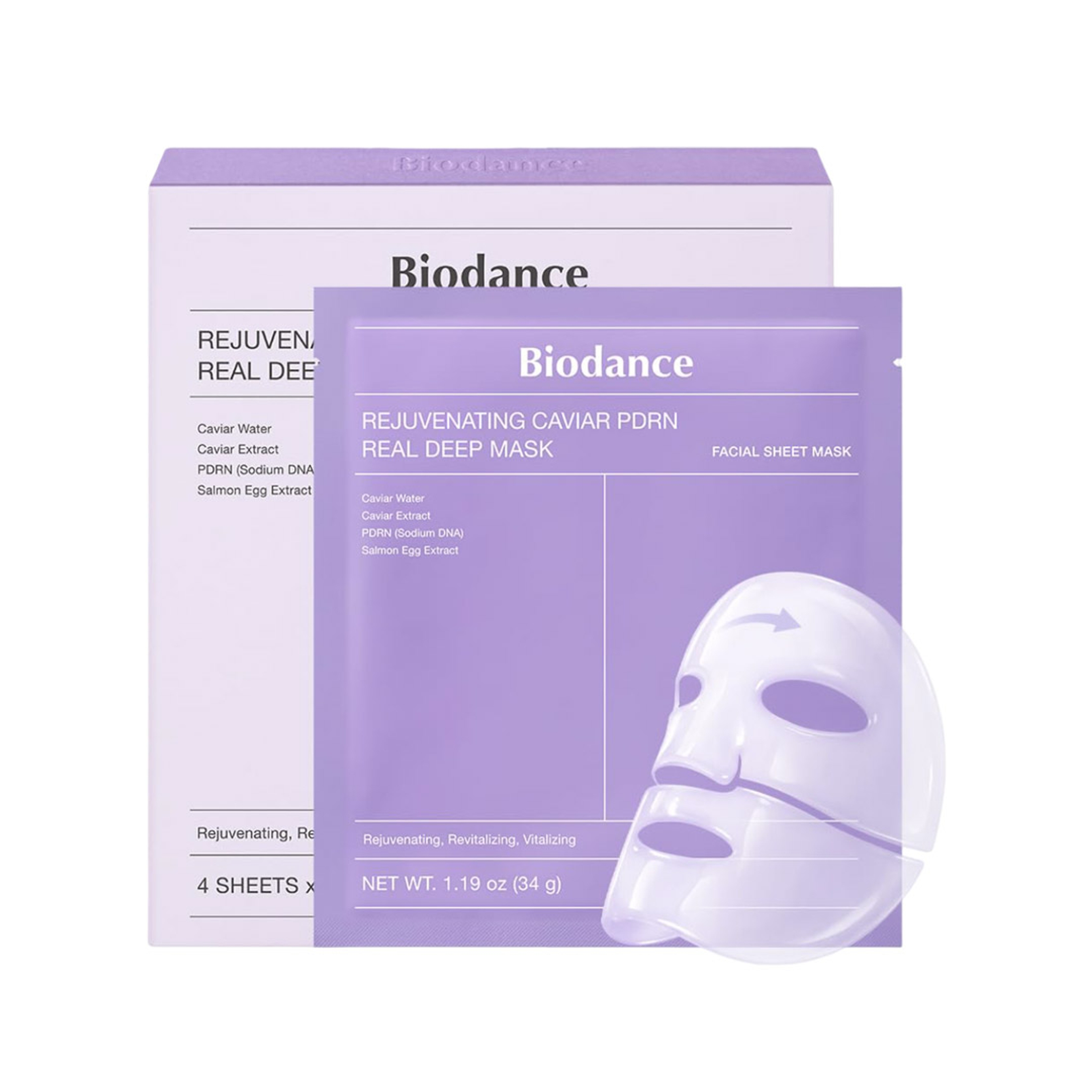 Biodance Rejuvenating Caviar PDRN Real Deep Mask 1.19 oz (Pack of 4) - Overnight Hydrogel Face Mask 1