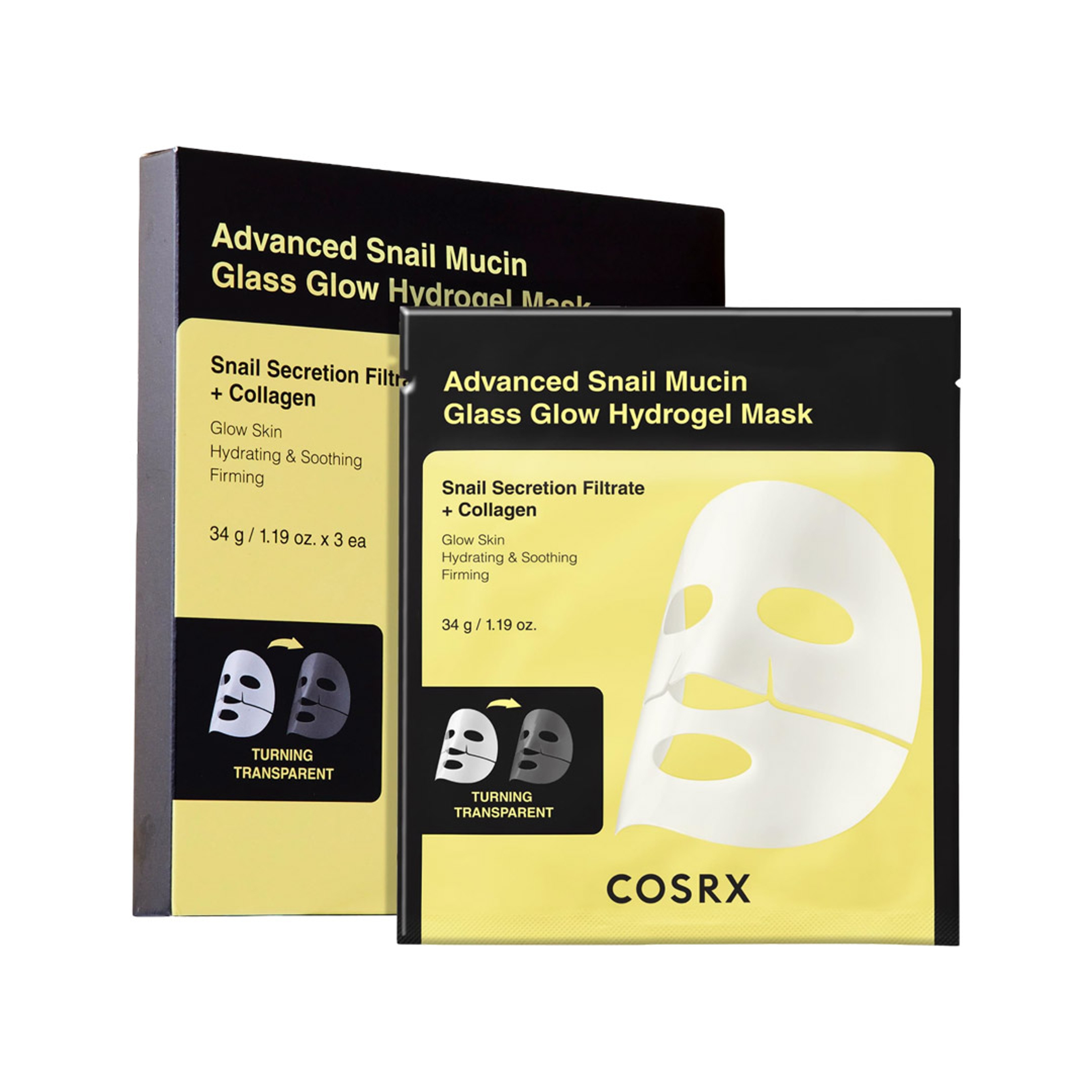 Cosrx Advanced Snail Mucin Glass Glow Hydrogel Mask 1.19 oz (Pack of 3) - Overnight Collagen Face Mask 1