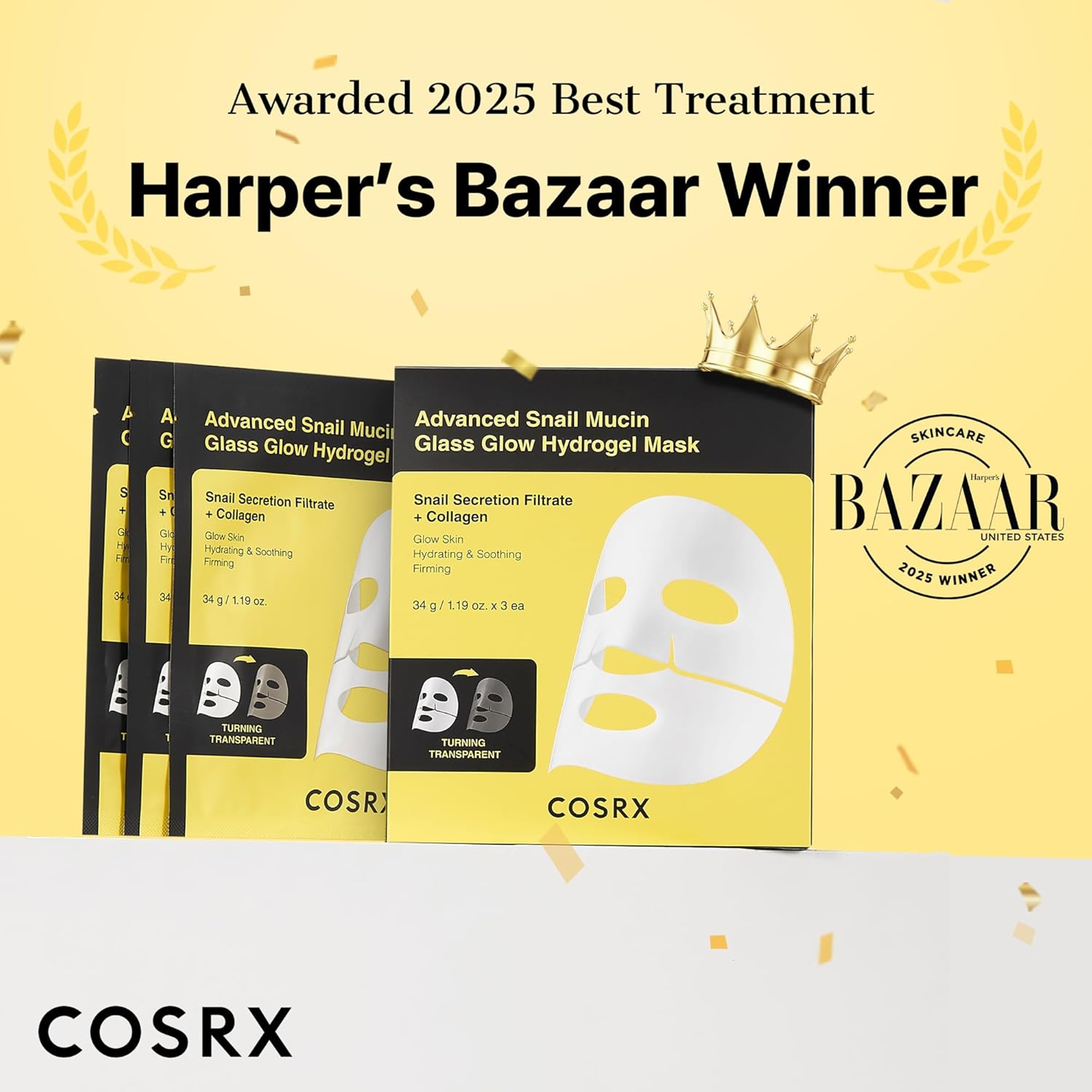 Cosrx Advanced Snail Mucin Glass Glow Hydrogel Mask 1.19 oz (Pack of 3) - Overnight Collagen Face Mask 2