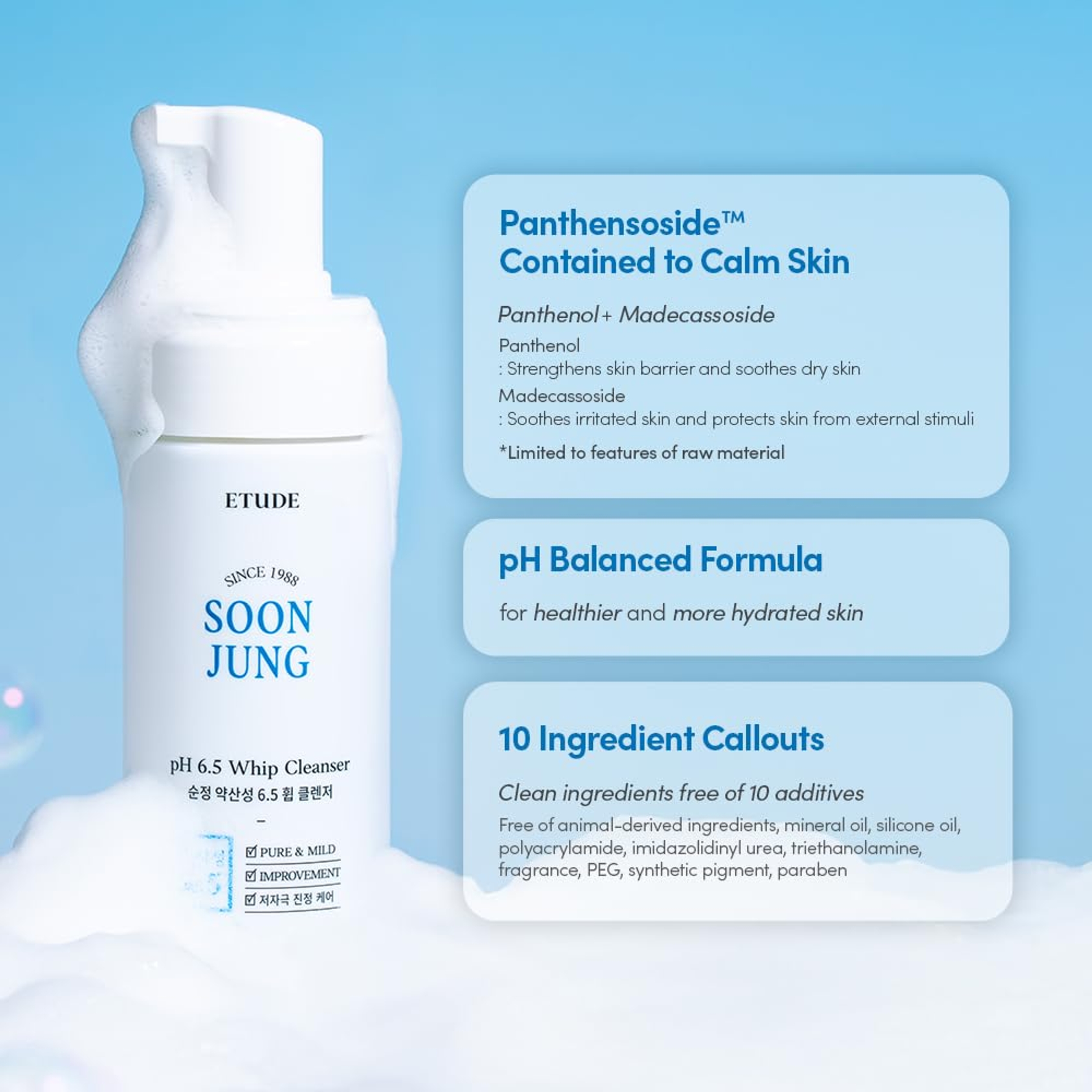 Etude SoonJung pH 6.5 Whip Cleanser - Mild Micro Foaming Face Wash for Sensitive Skin 5.07 fl.oz 15