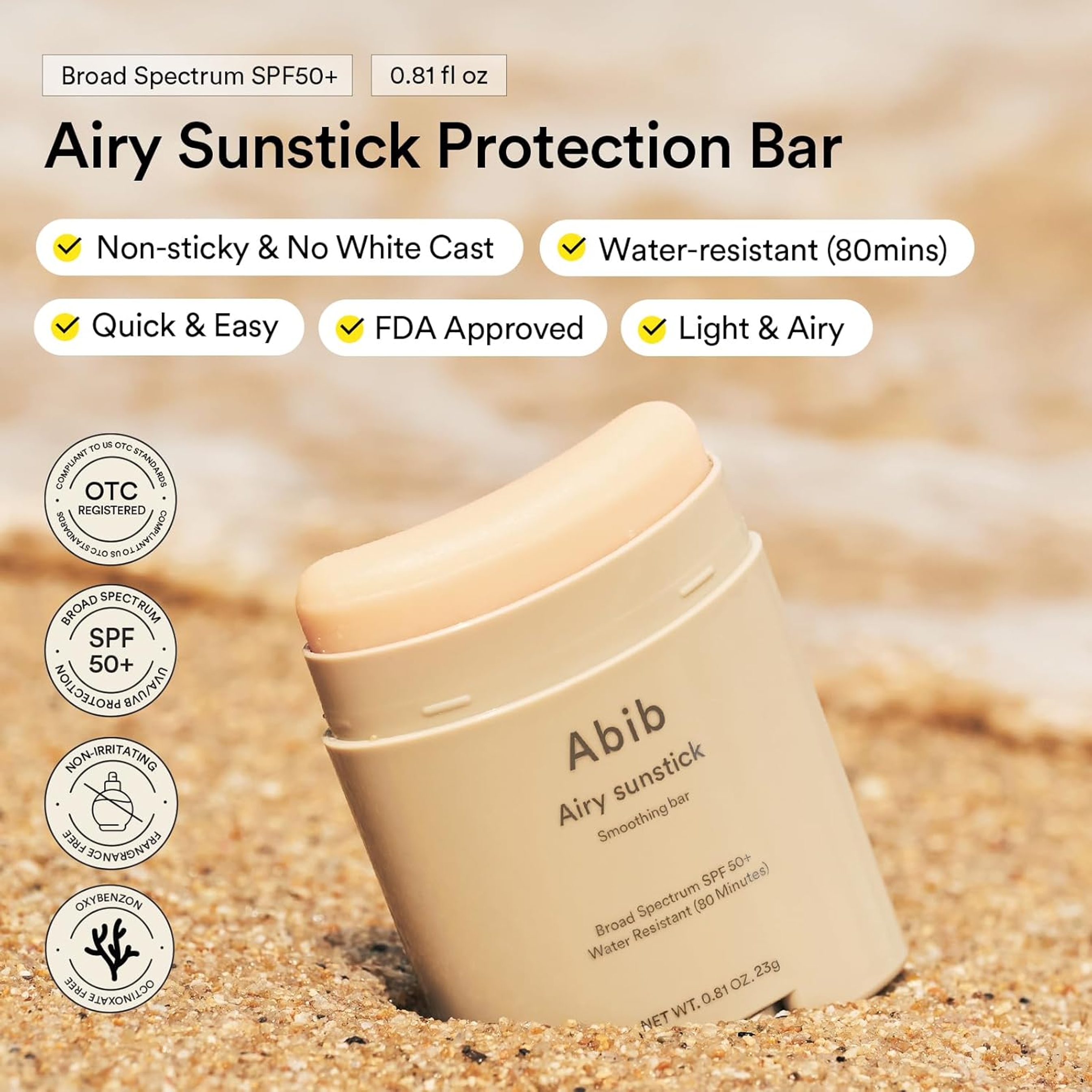 Abib Airy Sunstick Protection Bar 0.81 fl.oz - SPF50+ Broad Spectrum Sunscreen Stick for Oily & Combination Skin 2
