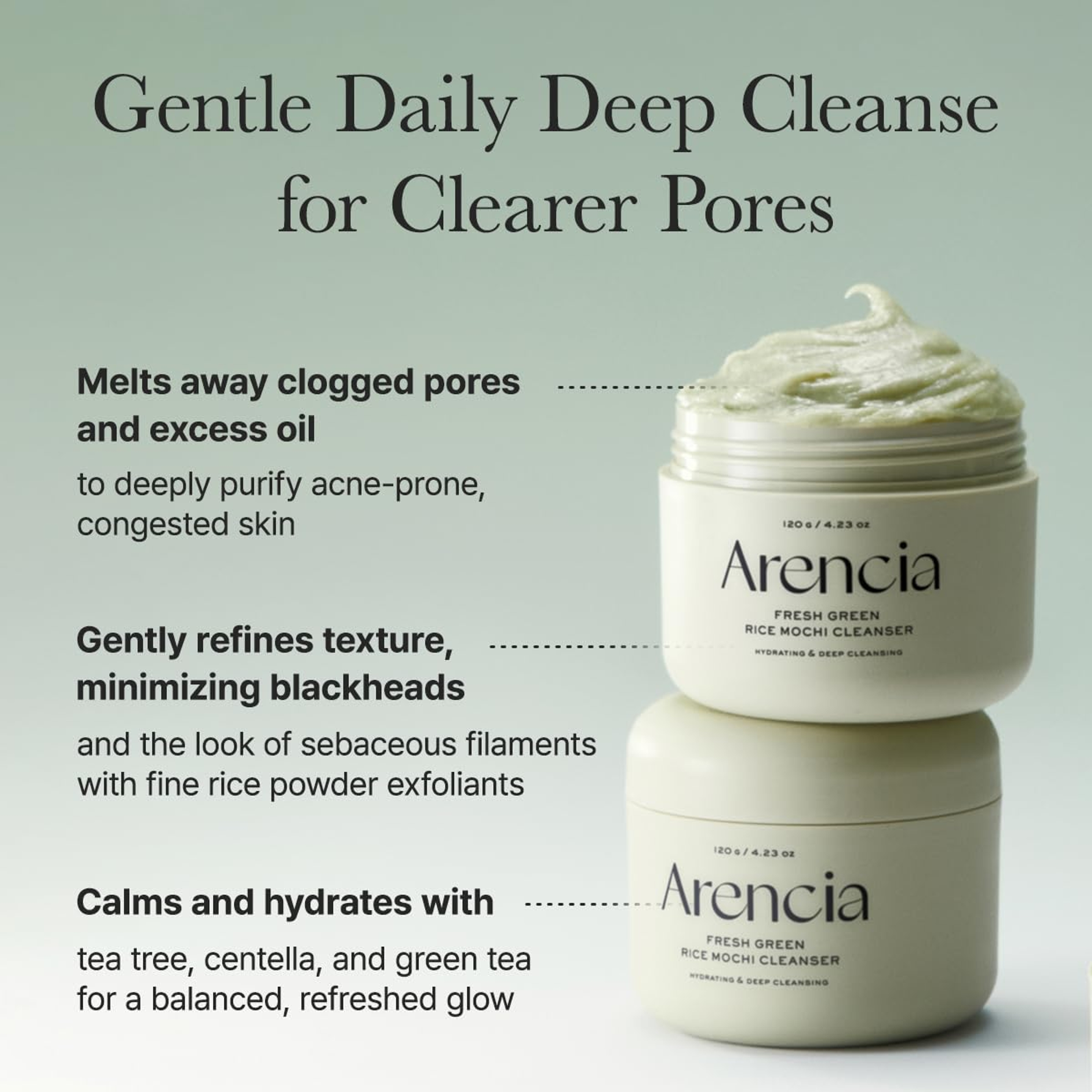 Arencia Fresh Green Rice Mochi Face Cleanser 4.23 fl.oz - Gentle Scrub All in One for Deep Cleansing 4