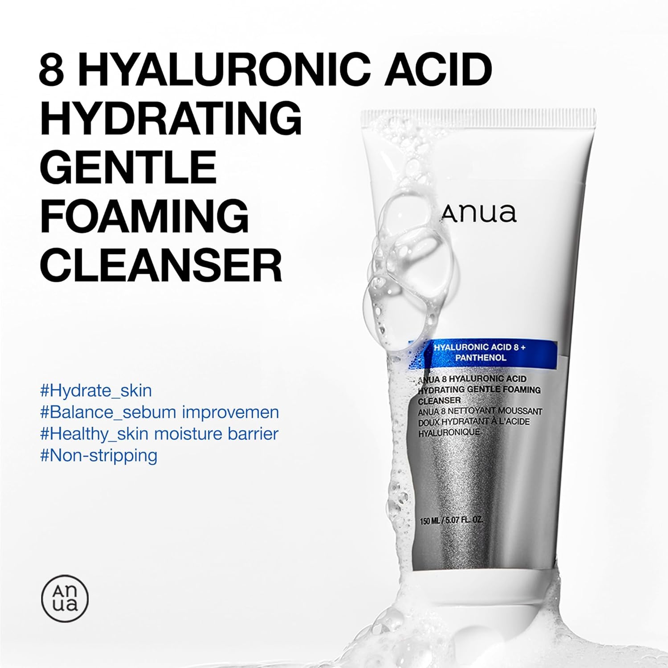Anua 8 Hyaluronic Acid Hydrating Gentle Foaming Cleanser 5.07 fl.oz - Daily Face Wash for Dry & Sensitive Skin 2