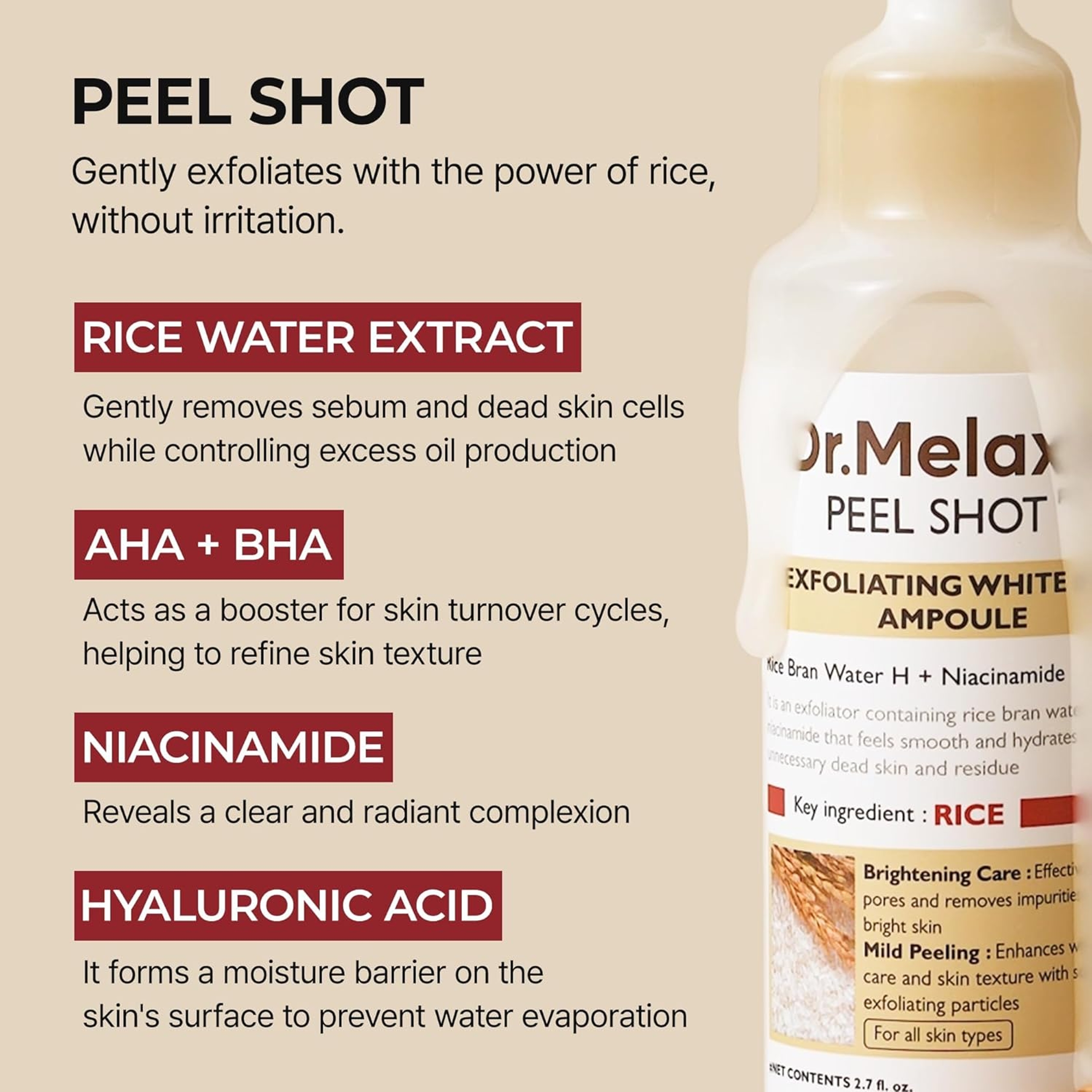 Dr.Melaxin Peel Shot Glow White Rice Peeling Ampoule 2.7 fl.oz - Brightening & Gentle Exfoliating Serum for Sebum Control 5