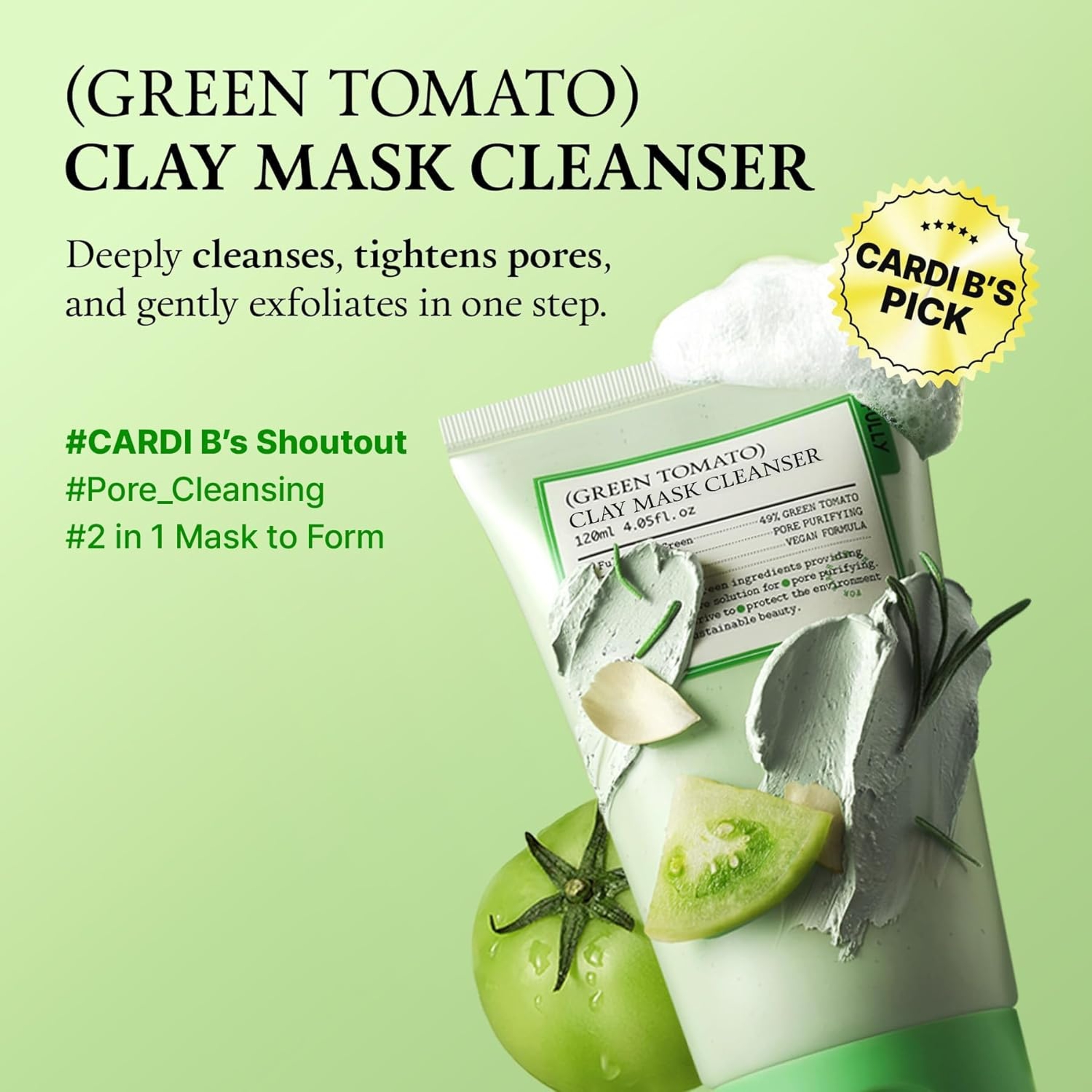 Fully Green Tomato Pore Cleanser - Clay Mask Cleanser for Deep Pore Cleanse & Pore Minimizer 4.05 fl.oz 12