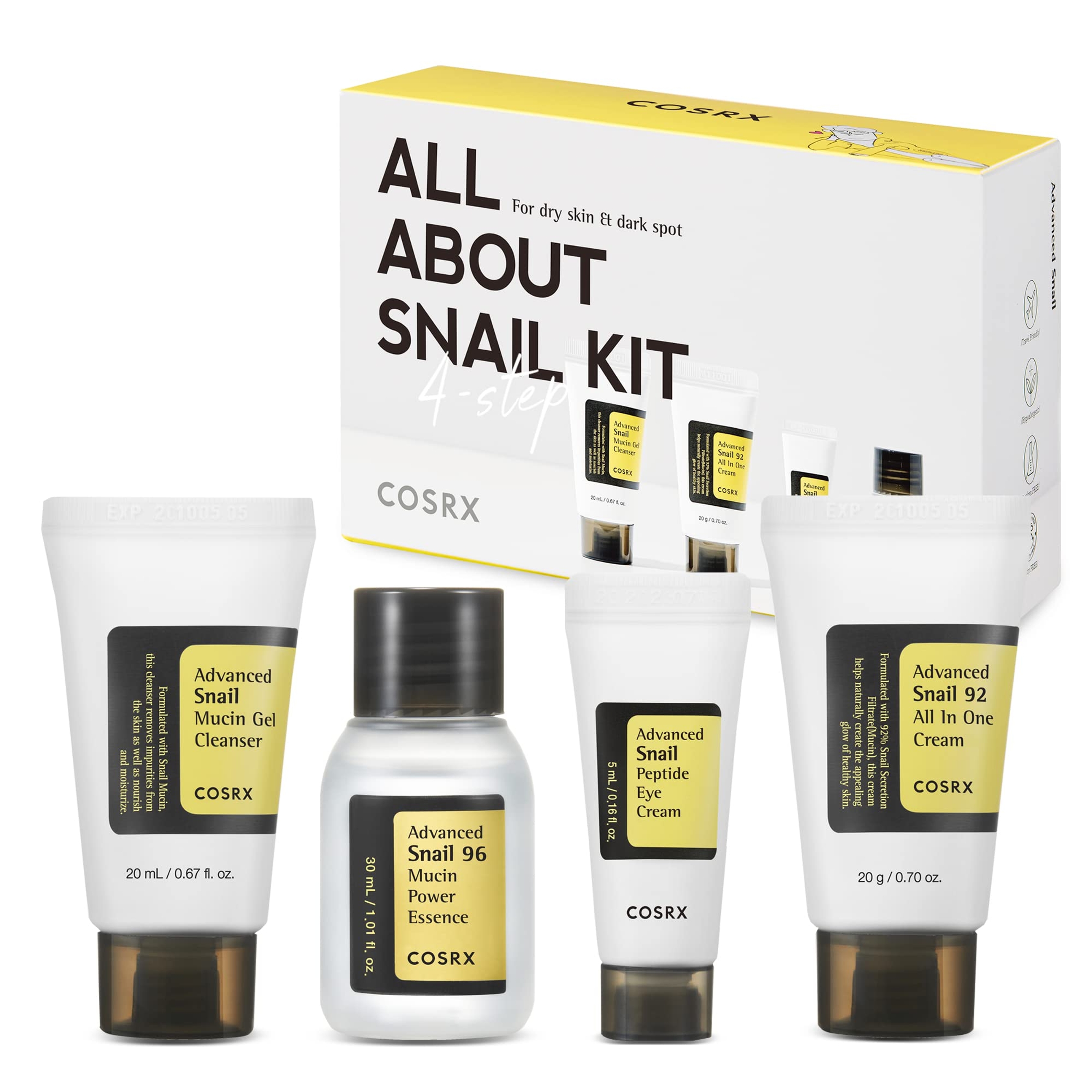 Cosrx All About Snail Mucin Korean Skin Care Set - Mini Travel Set with Snail Mucin Face Wash, Serum, Moisturizer & Eye Cream 1