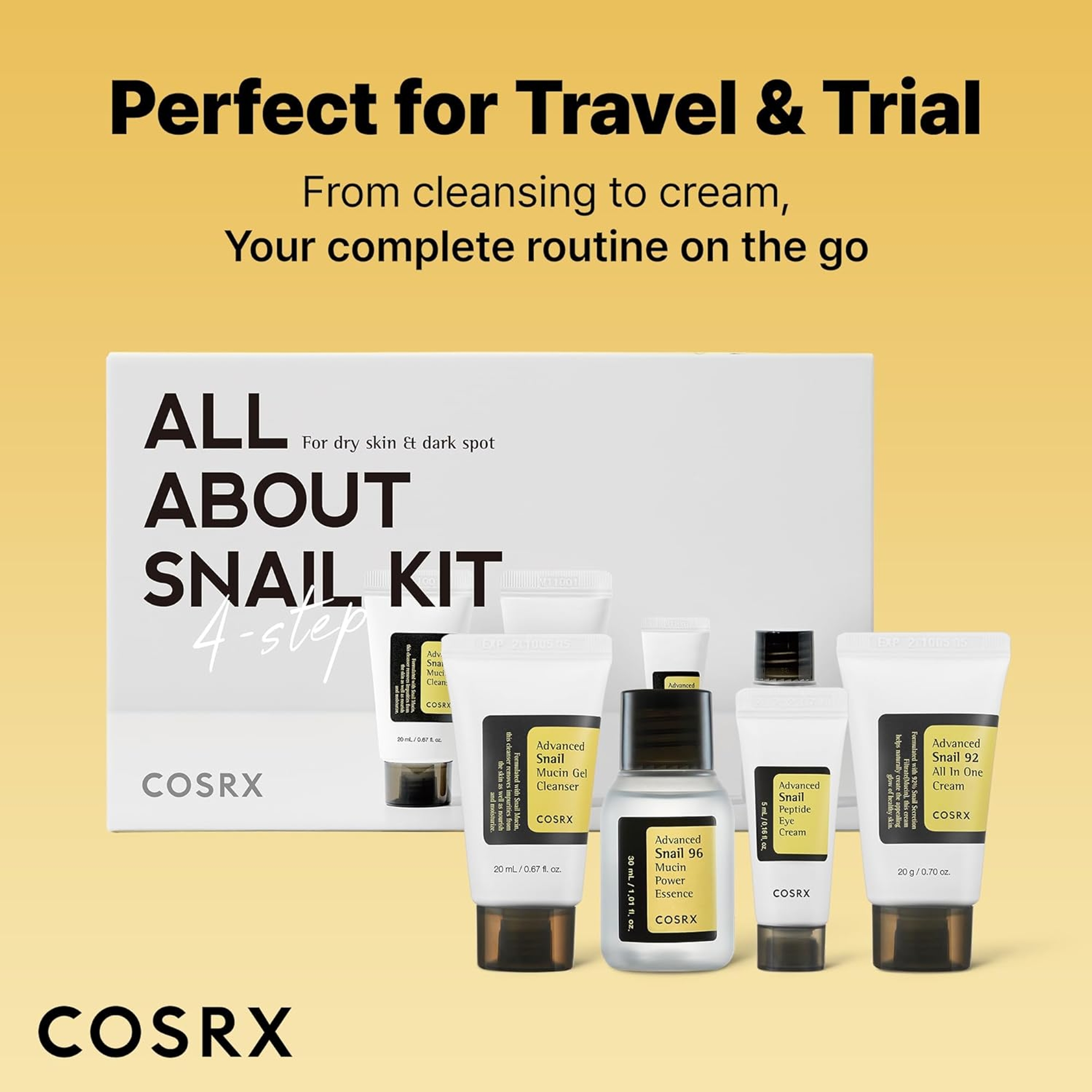 Cosrx All About Snail Mucin Korean Skin Care Set - Mini Travel Set with Snail Mucin Face Wash, Serum, Moisturizer & Eye Cream 7