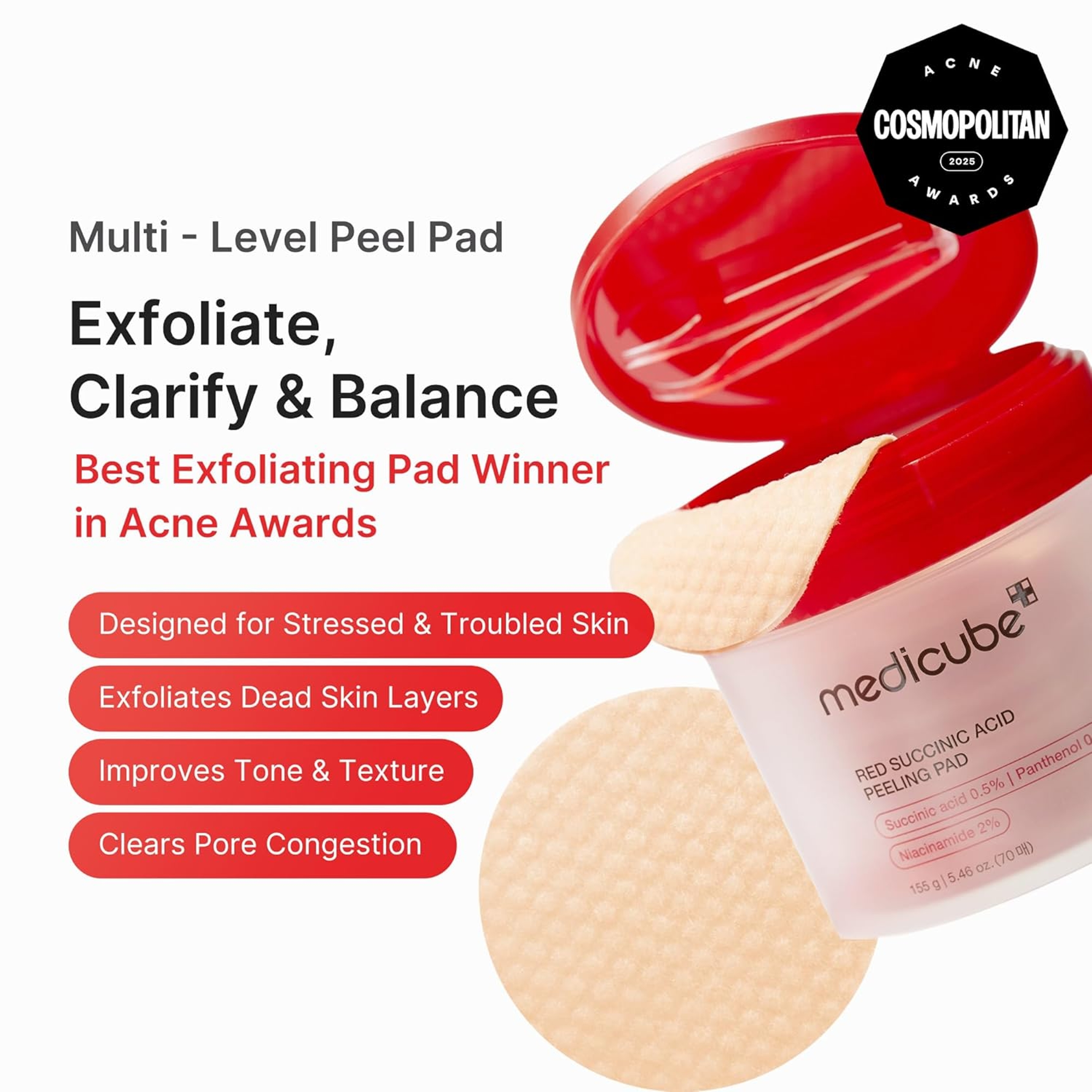 Medicube Red Succinic Peeling Pad 5.46 fl.oz (70 Pads) - Exfoliating Toner Pad for Breakout-Prone Skin 2