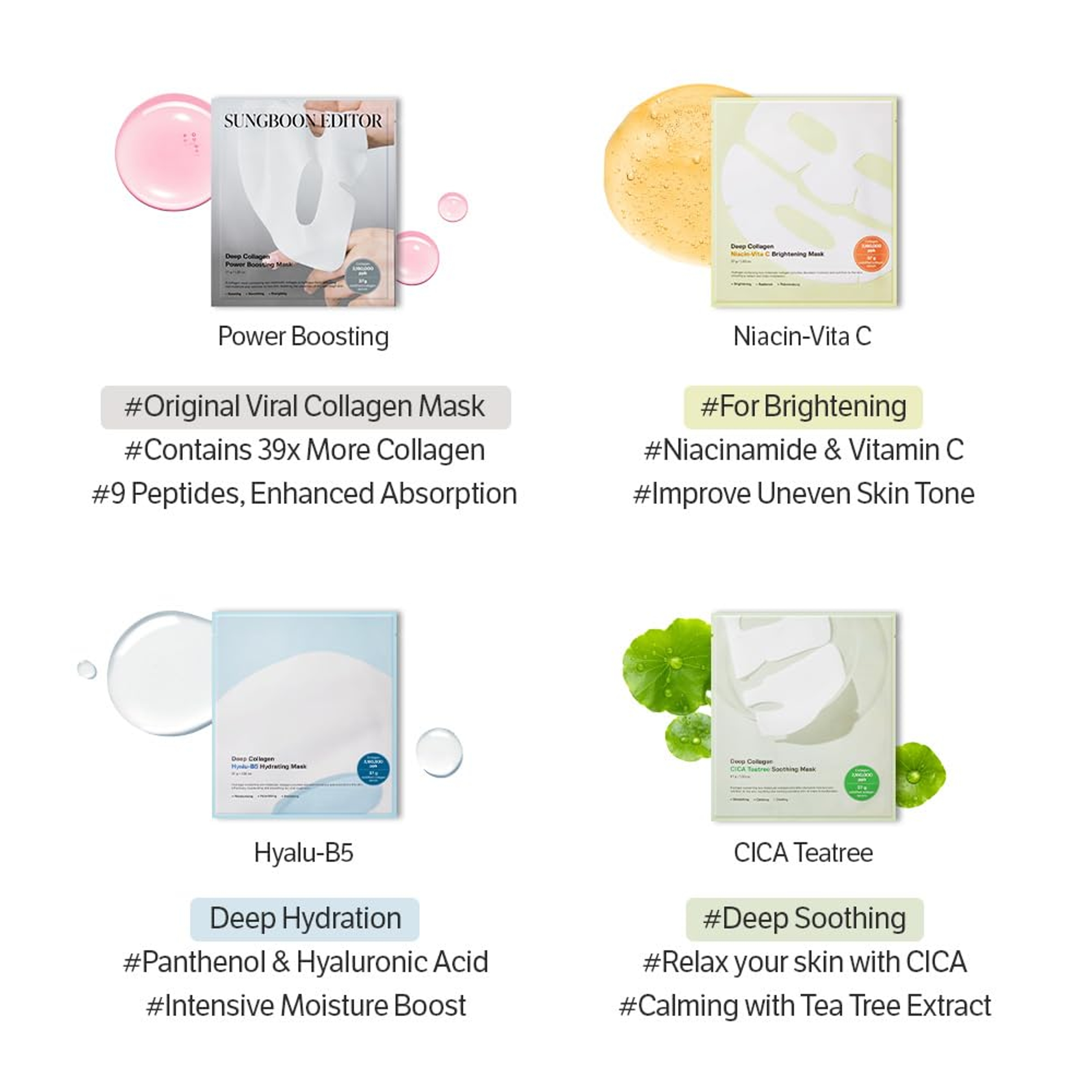 Sungboon Editor Deep Collagen Power Boosting Mask 1.30 oz (Pack of 4) - Overnight Mask Hydrating Mask for Glass Skin 7