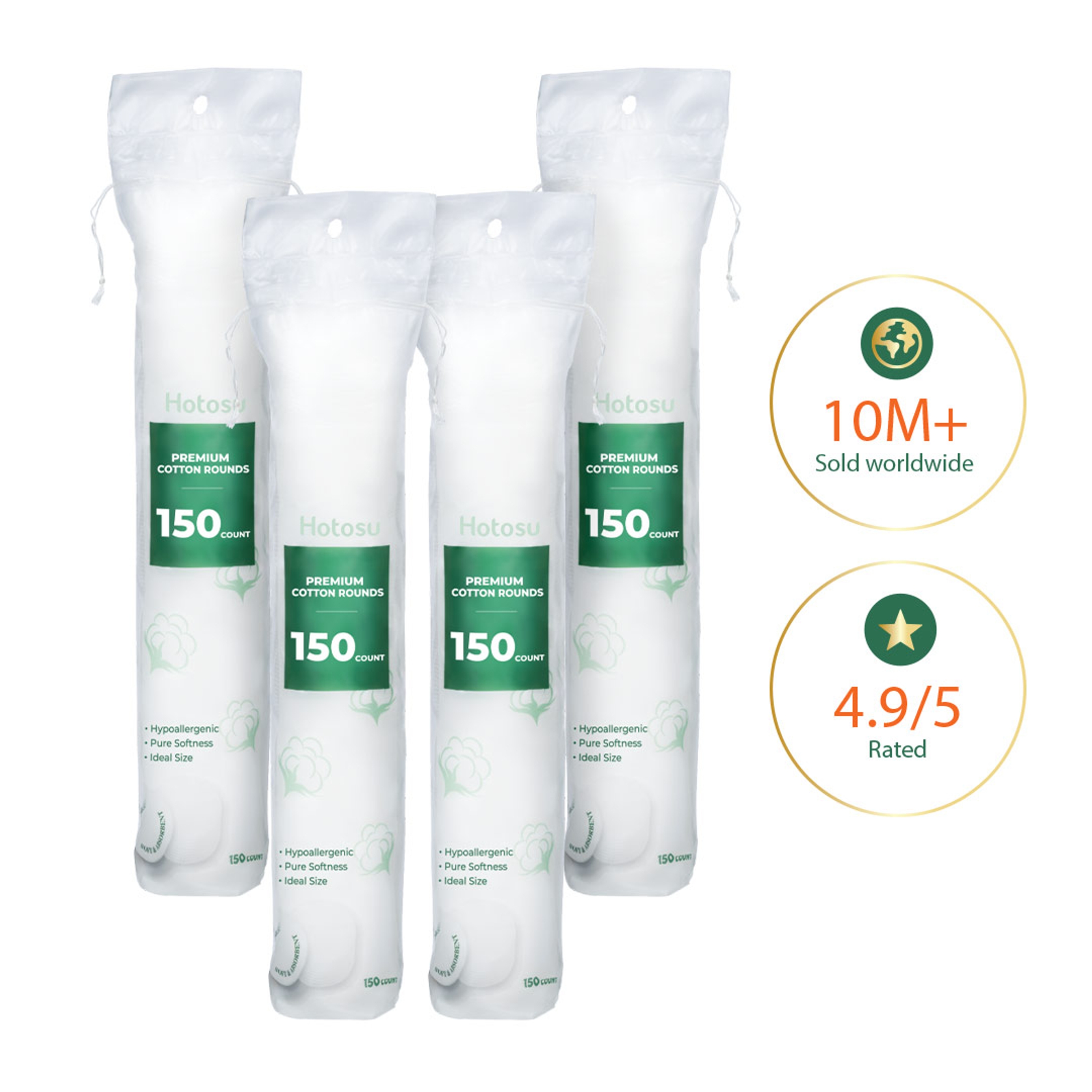 Hotosu Premium Cotton Rounds 150 Count (Pack of 4) 1