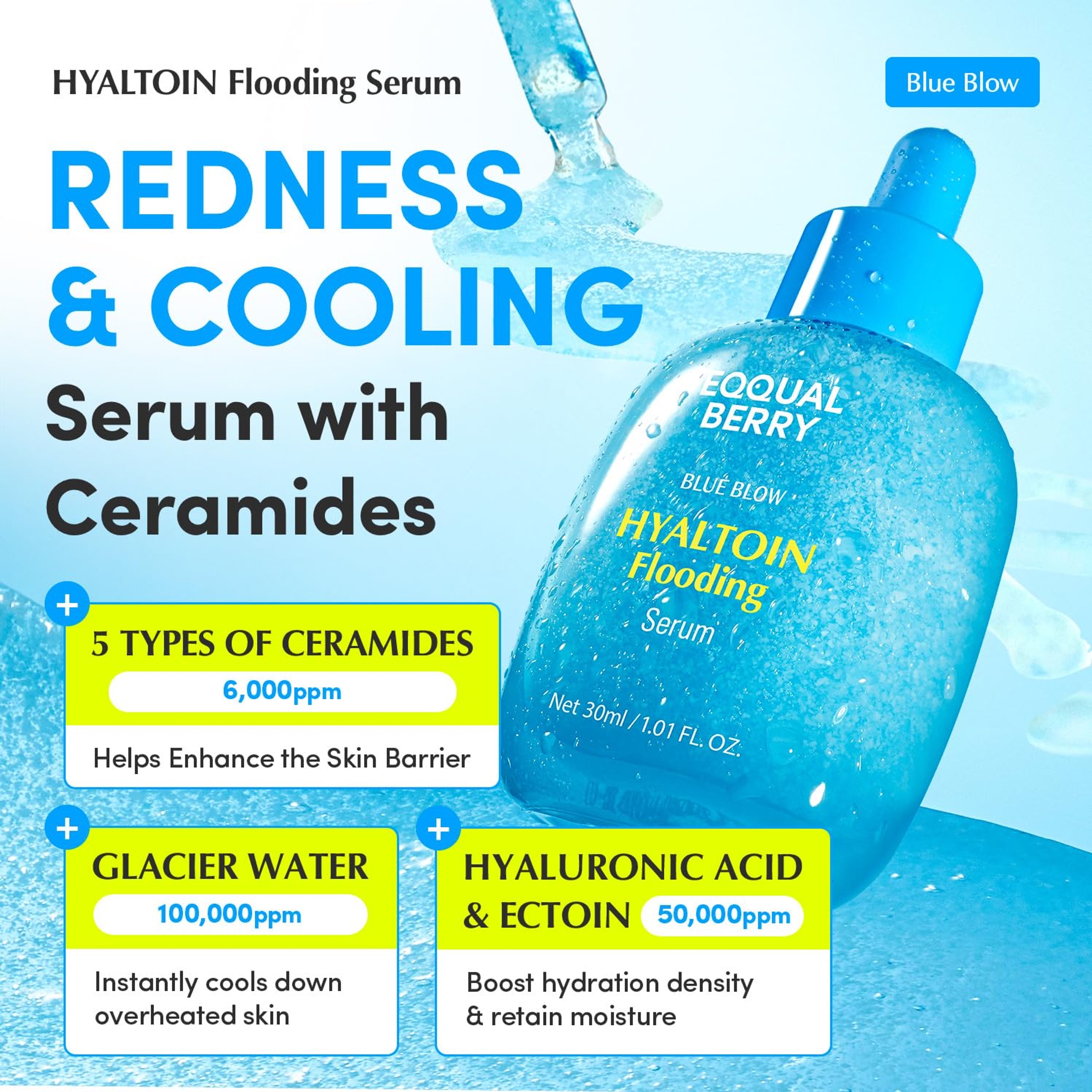 Eqqualberry Hyaltoin Flooding Serum - Deep Hydrating Cooling Care Serum for Face & Redness Relief 1.01 fl.oz 2
