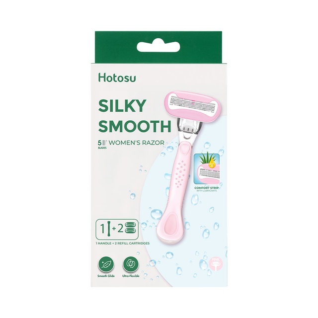 Hotosu Silky Smooth 5-Blade Women’s Razor, Pink, 1 Handle + 2 Refill Cartridges - Smooth Glide, Ultra-Flexible