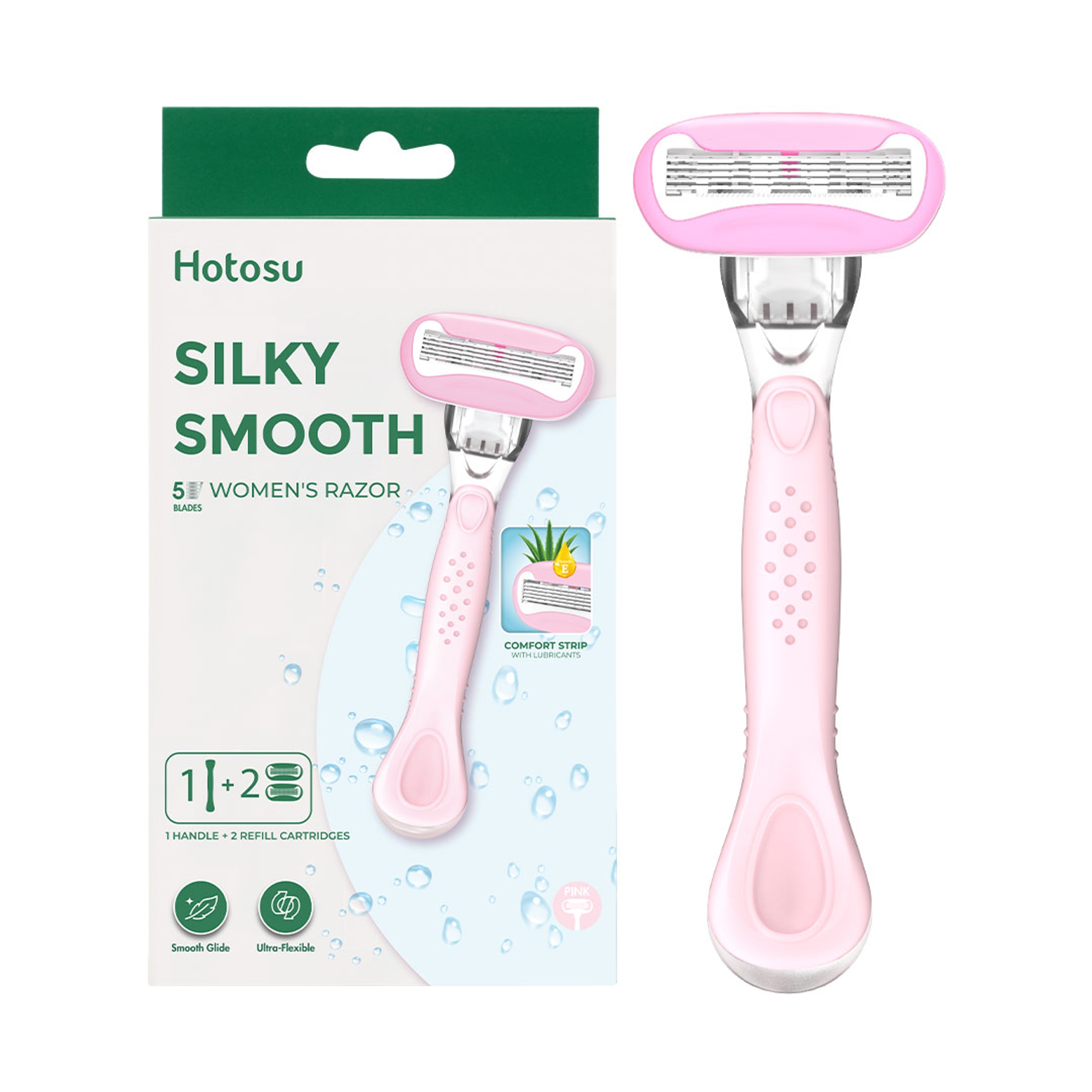 Hotosu Silky Smooth 5-Blade Women’s Razor, Pink, 1 Handle + 2 Refill Cartridges - Smooth Glide, Ultra-Flexible 7