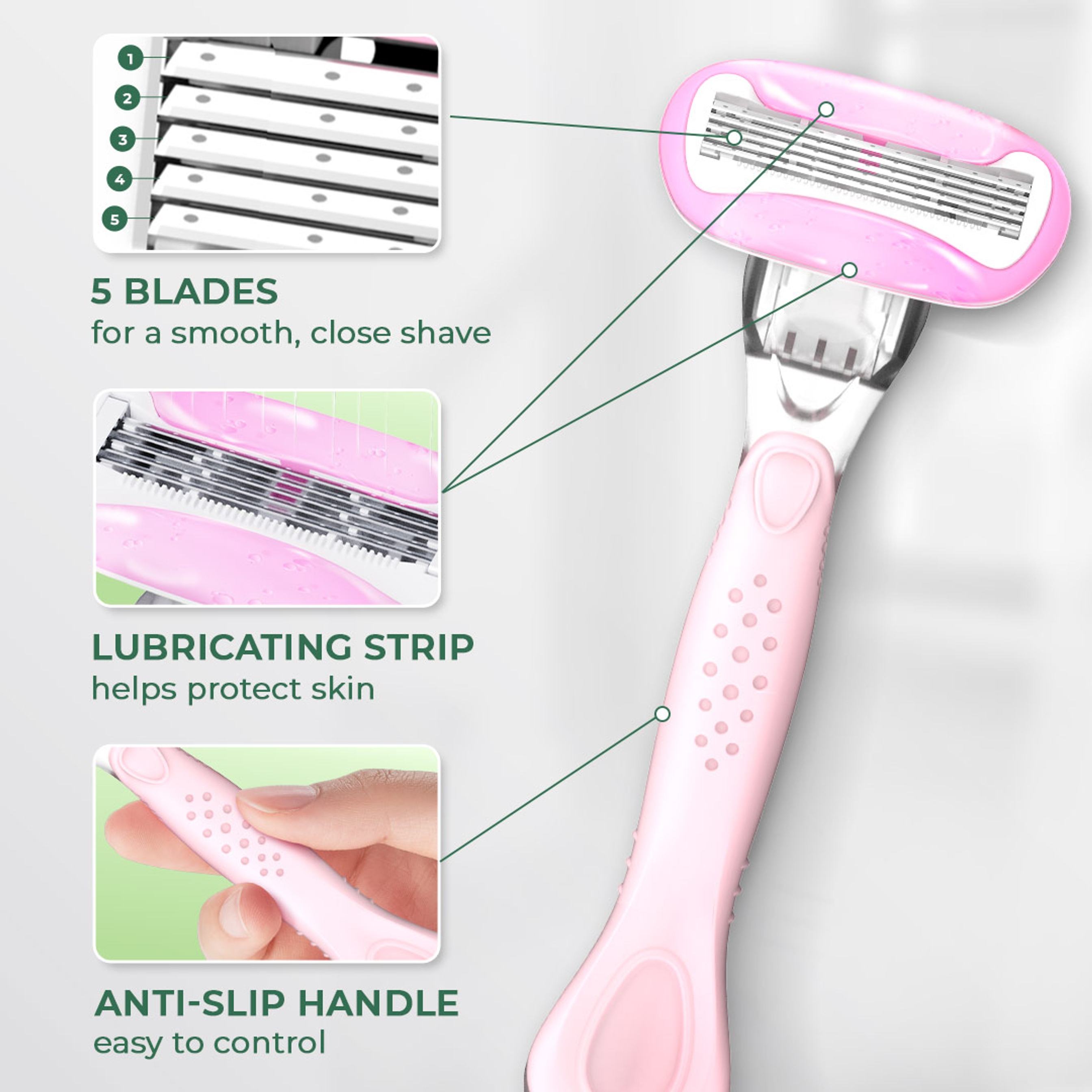 Hotosu Silky Smooth 5-Blade Women’s Razor, Pink, 1 Handle + 2 Refill Cartridges - Smooth Glide, Ultra-Flexible 3