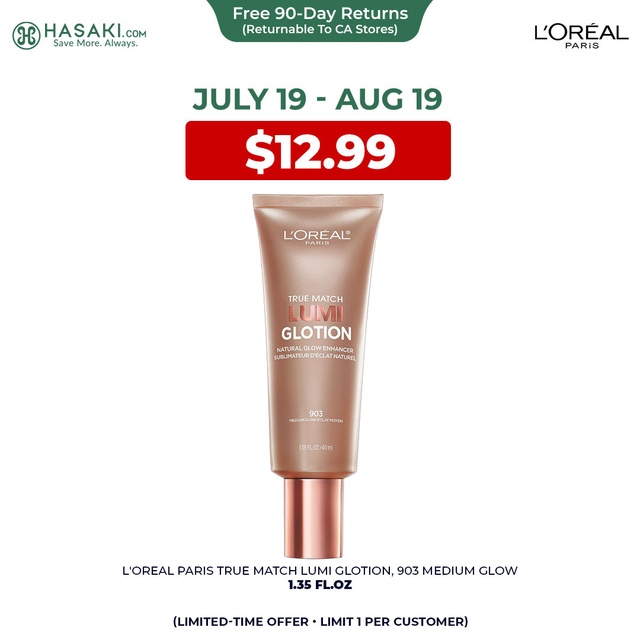 L'Oreal Paris True Match Lumi Glotion, 903 Medium, 1.35 fl.oz - Natural Glow Enhancer for a Sun-Kissed Glow
