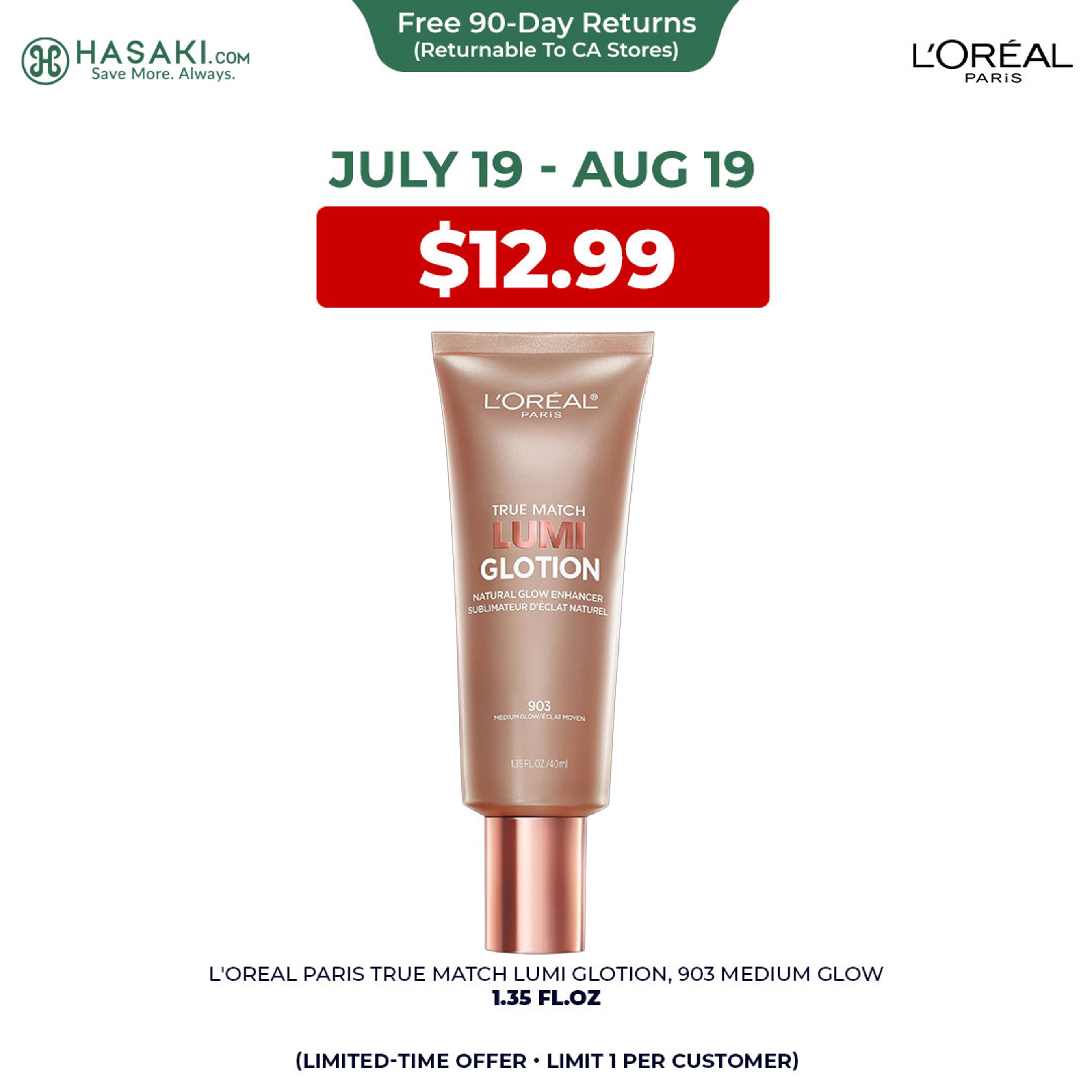 L'Oreal Paris True Match Lumi Glotion, 903 Medium, 1.35 fl.oz - Natural Glow Enhancer for a Sun-Kissed Glow 1