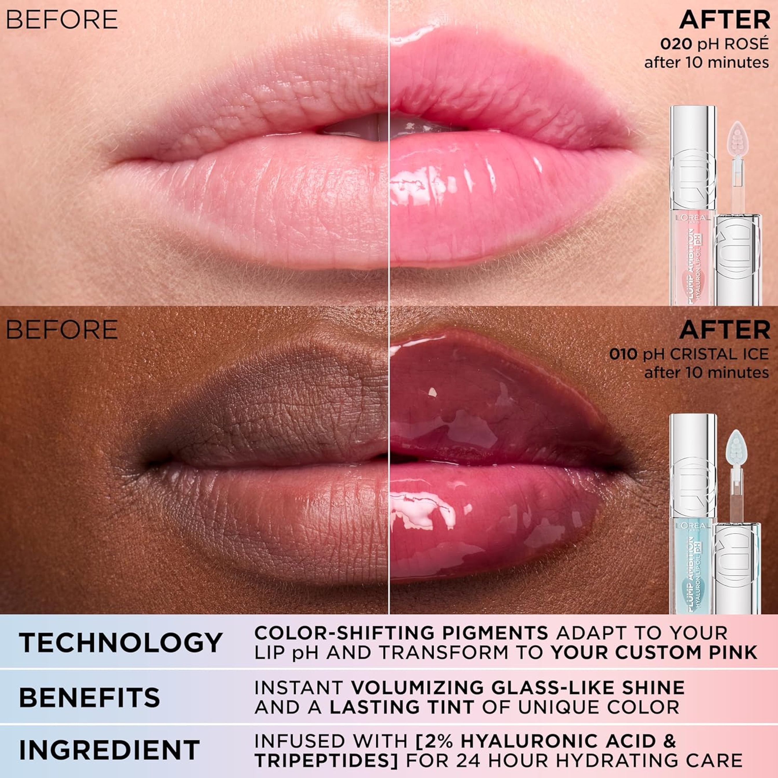 L'Oreal Paris Plump Ambition pH Hyaluron Lip Oil - Color Shifting Lip Tint - 010 pH Cristal Ice 8