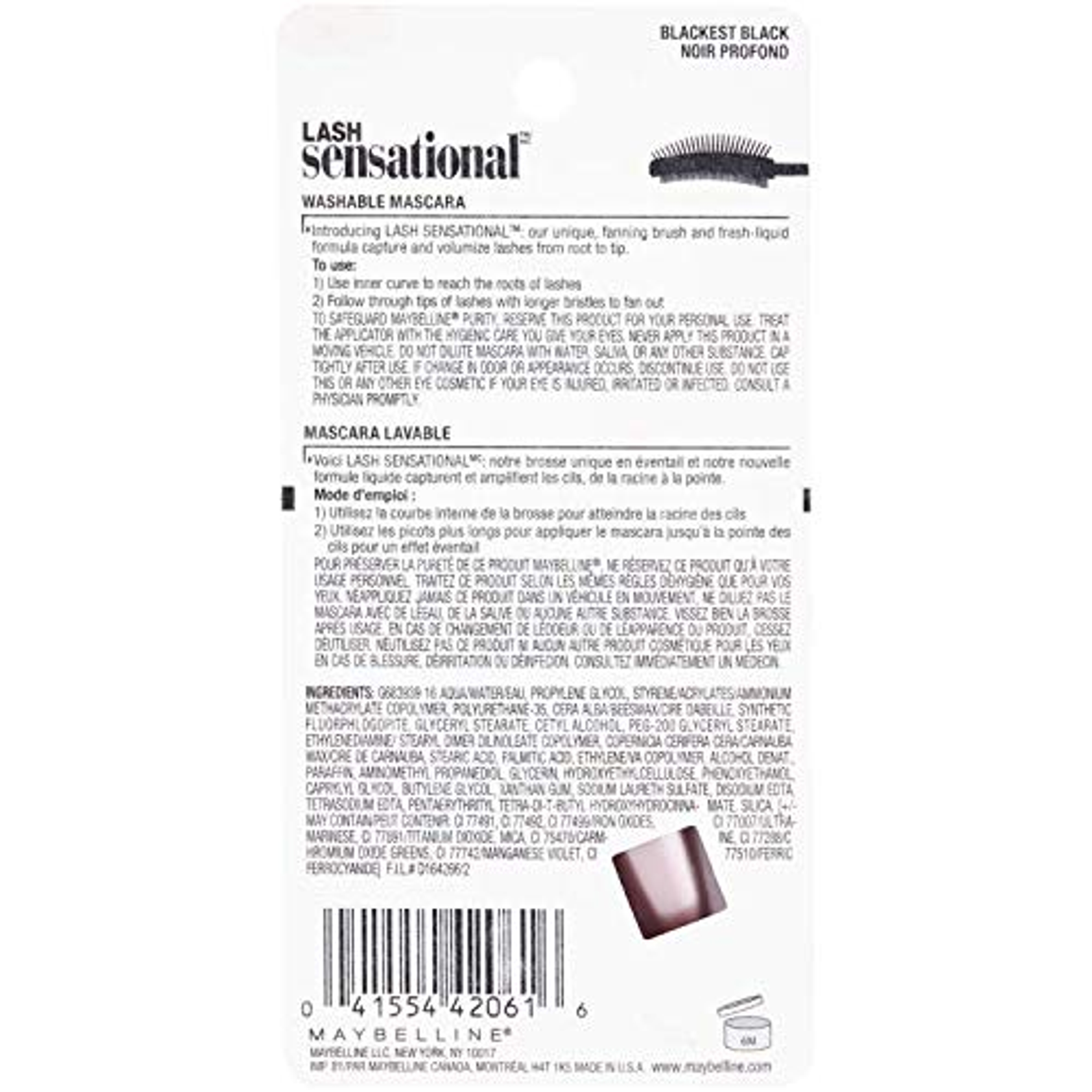 Maybelline Lash Sensational Washable Mascara, Blackest Black, 0.32 fl.oz - Lengthening & Volumizing Full Fan Effect 10