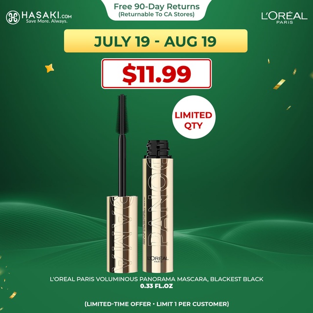 L'Oreal Paris Voluminous Panorama Mascara, Blackest Black, 0.33 fl.oz - Volumizing & Lengthening Washable Mascara