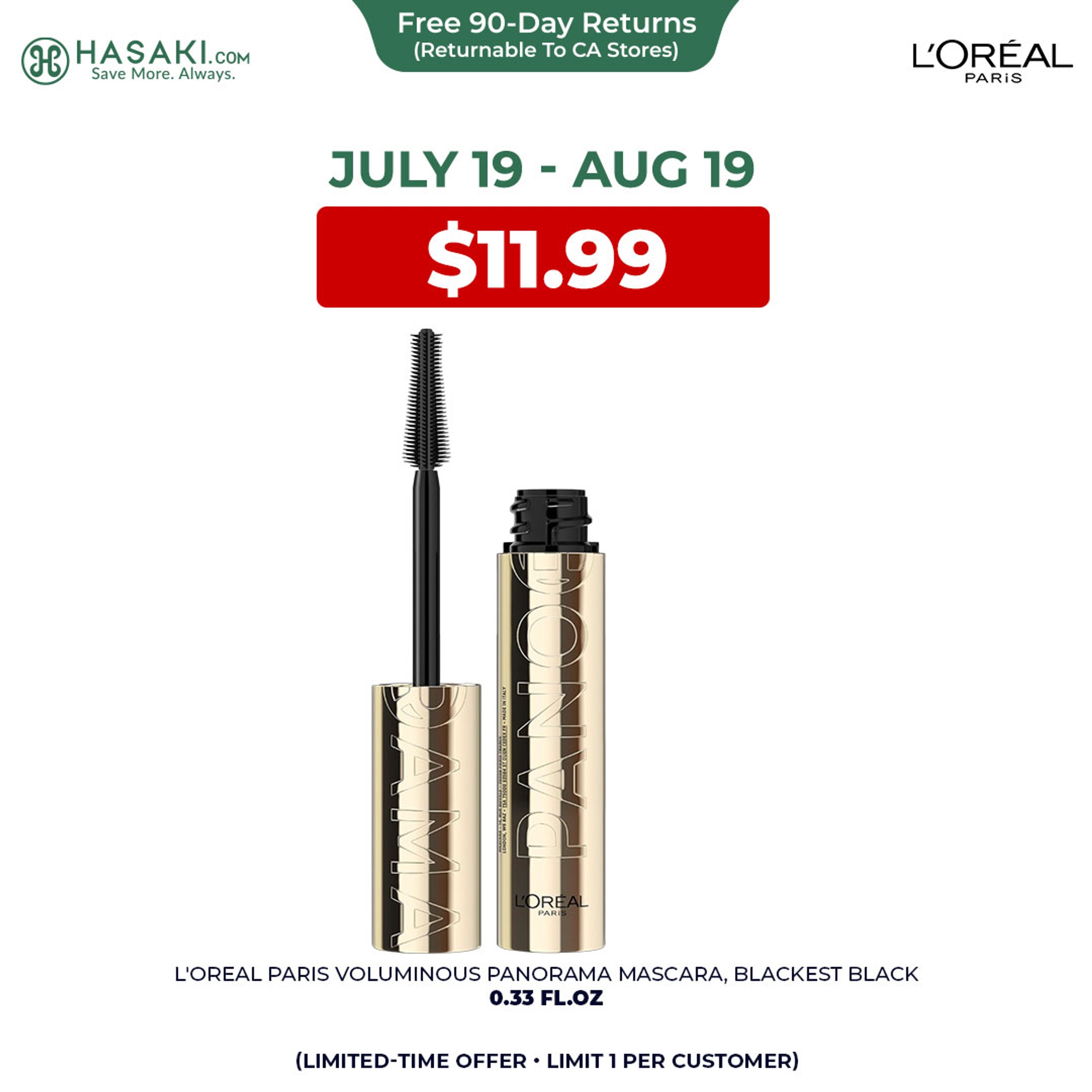 L'Oreal Paris Voluminous Panorama Mascara, Blackest Black, 0.33 fl.oz - Volumizing & Lengthening Washable Mascara 1