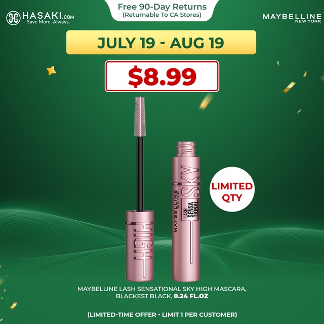 Maybelline Lash Sensational Sky High Mascara, Blackest Black, 0.24 fl.oz - Washable Lengthening & Volumizing Mascara