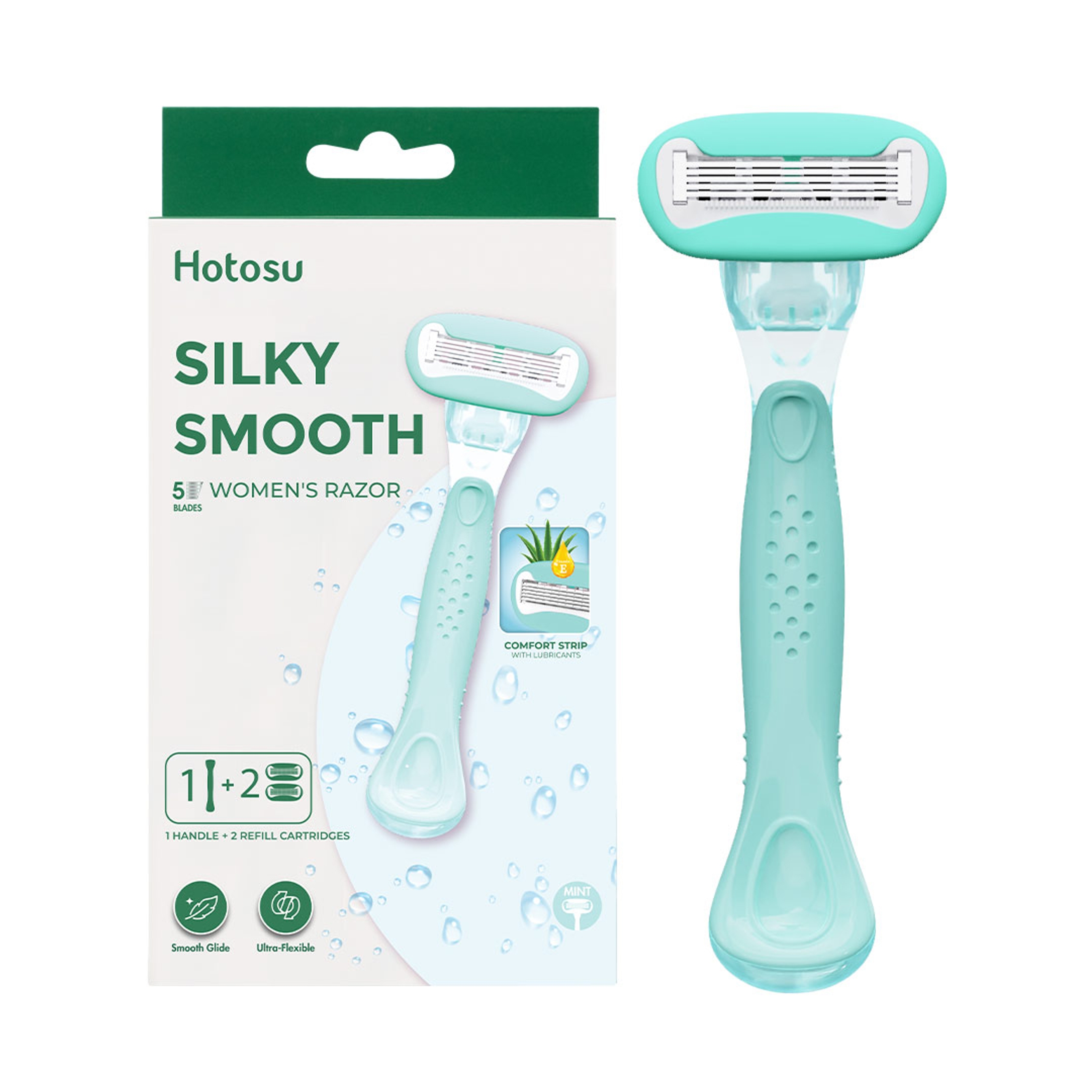 Hotosu Silky Smooth 5-Blade Women’s Razor, Mint, 1 Handle + 2 Refill Cartridges - Smooth Glide, Ultra-Flexible 7