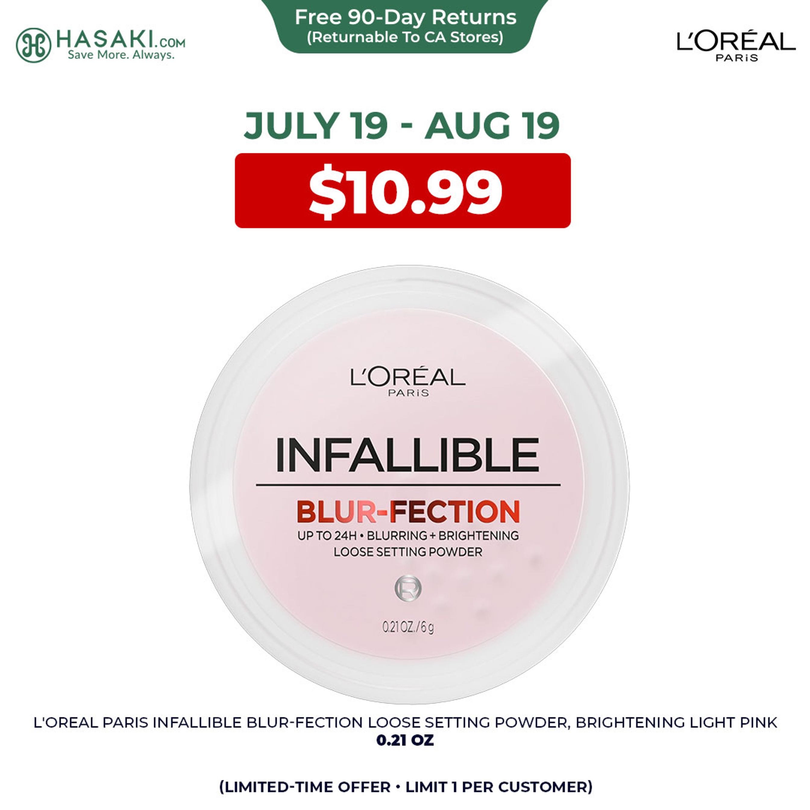 L'Oreal Paris Infallible Blur-fection Loose Setting Powder, Brightening Light Pink, 0.21 oz - Longwear Blurring Face Powder 1