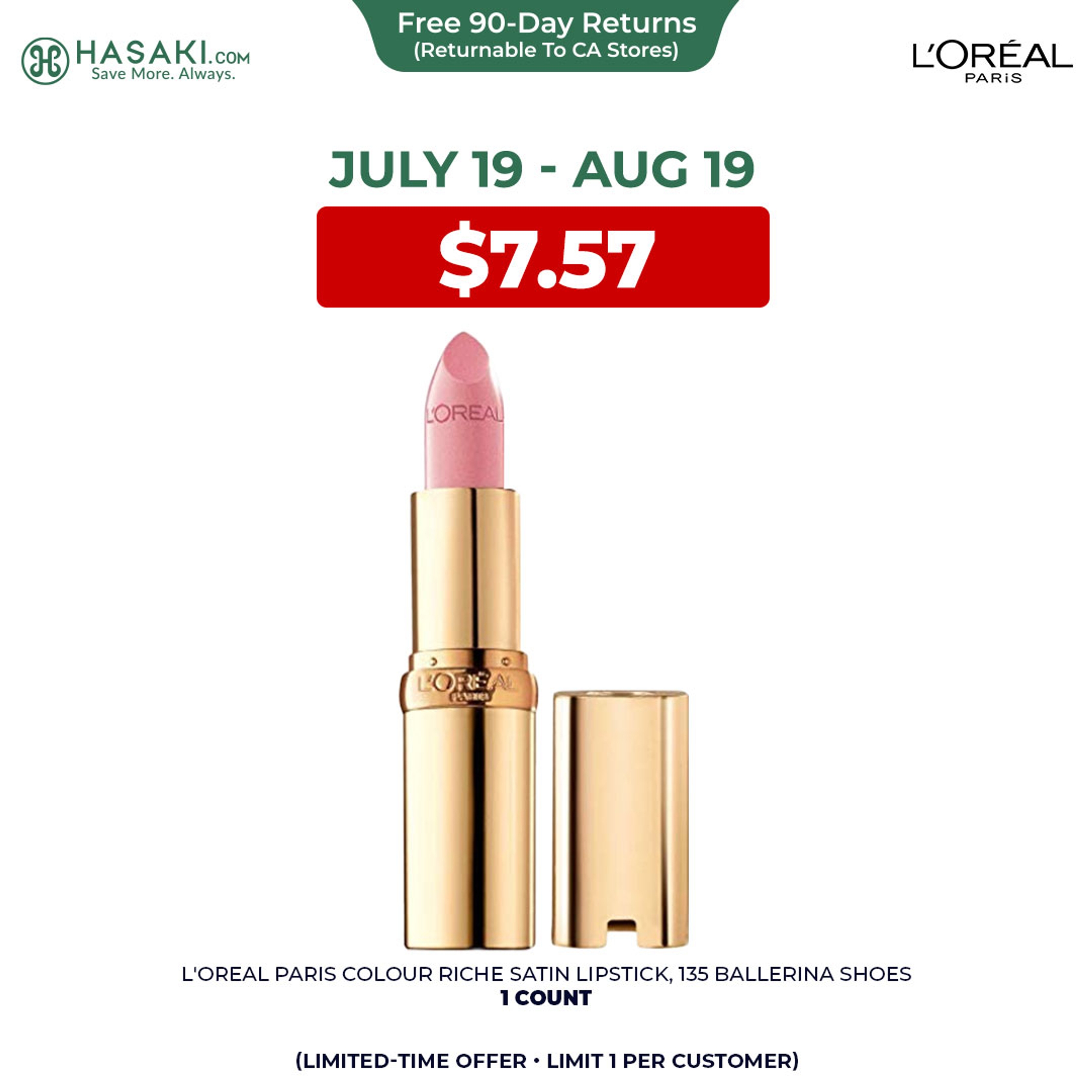 L'Oreal Paris Colour Riche Satin Lipstick, 135 Ballerina Shoes, 1 Count - Hydrating Creamy Lipstick 1