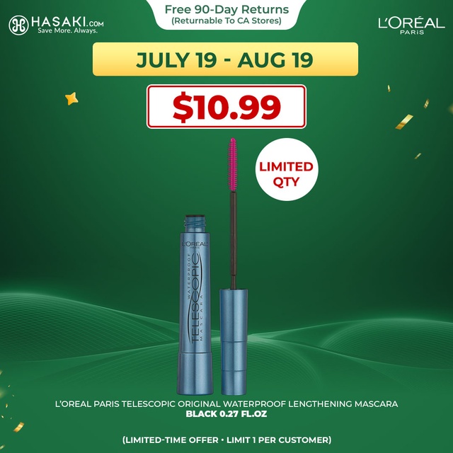 L’Oreal Paris Telescopic Original Waterproof Lengthening Mascara, Black, 0.27 fl.oz - Enhanced Length for All Lash Types
