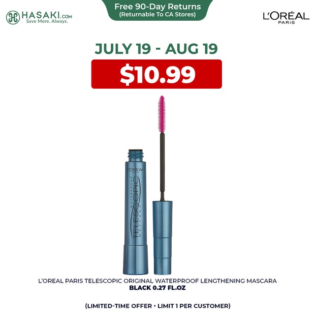 L’Oreal Paris Telescopic Original Waterproof Lengthening Mascara, Black, 0.27 fl.oz - Enhanced Length for All Lash Types