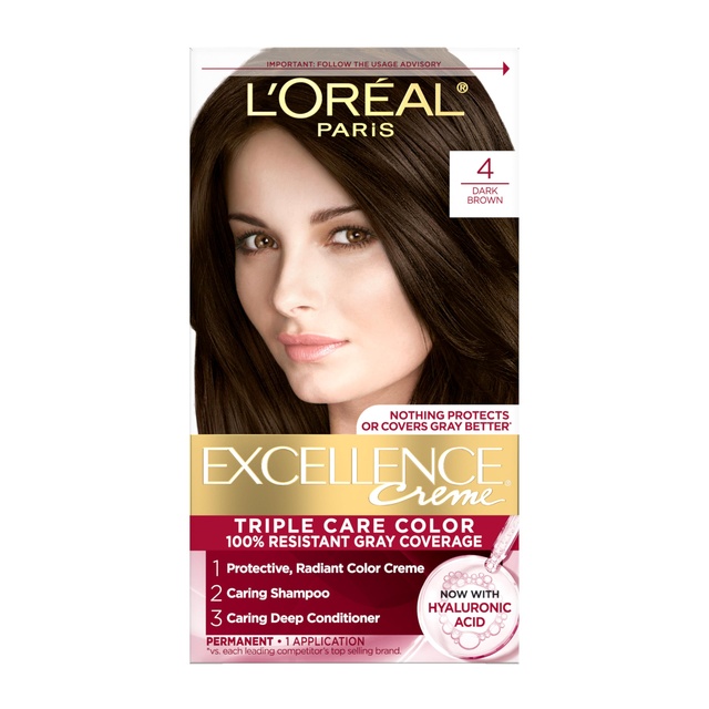 L'Oreal Paris Excellence Crème Triple Care Color, 4 Dark Brown, 1 Kit - Permanent Hair Dye with Hyaluronic Acid