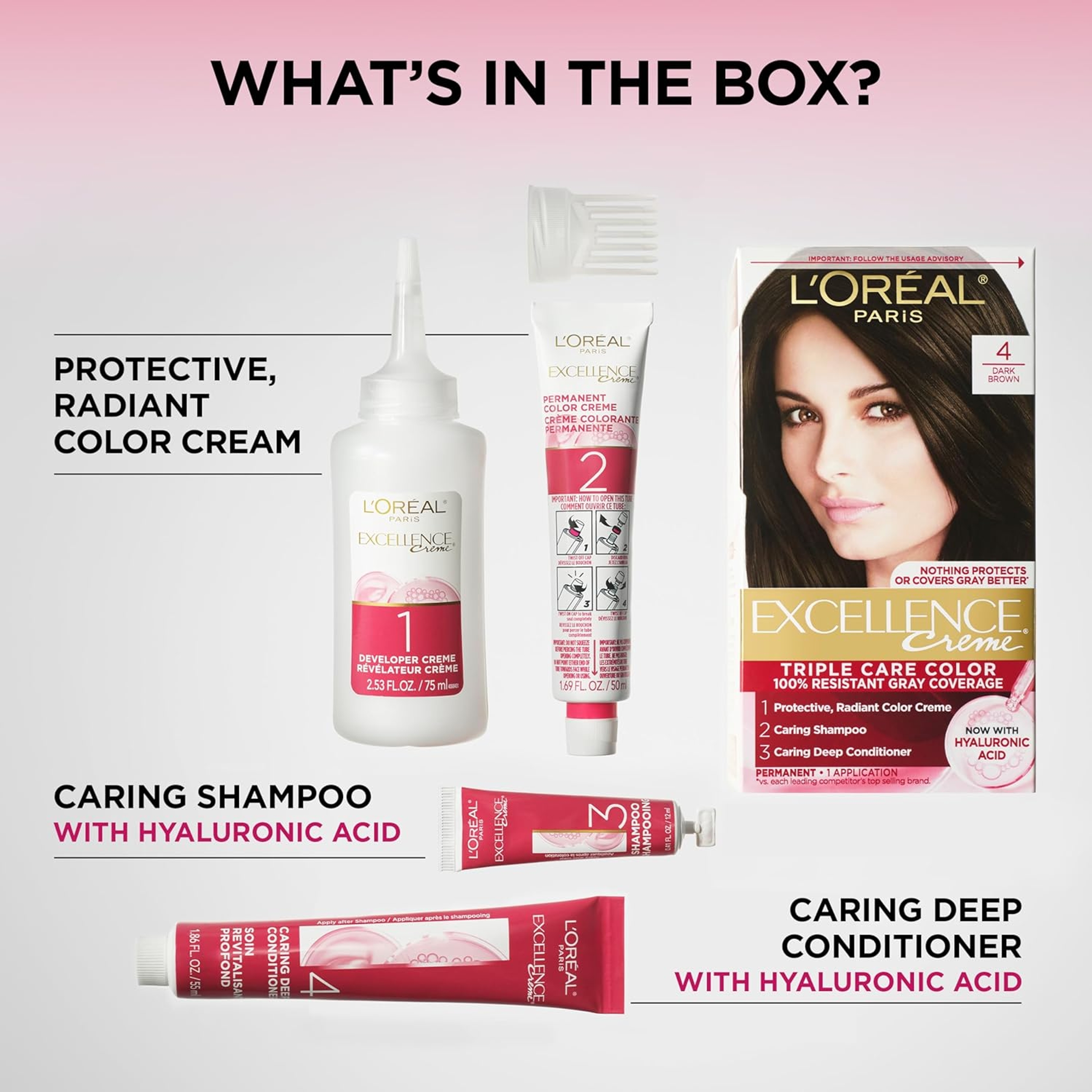 L'Oreal Paris Excellence Crème Triple Care Color, 4 Dark Brown, 1 Kit - Permanent Hair Dye with Hyaluronic Acid 5