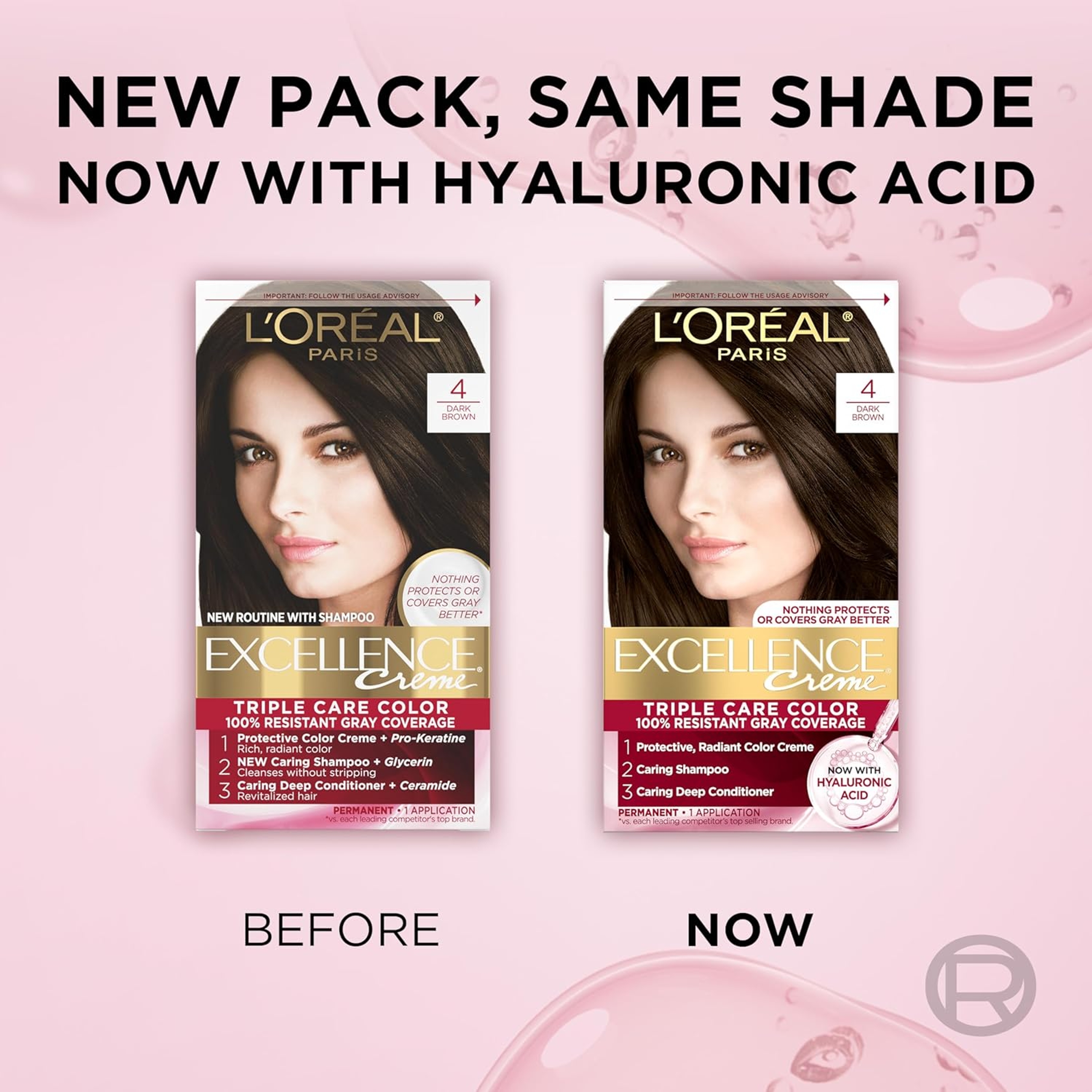L'Oreal Paris Excellence Crème Triple Care Color, 4 Dark Brown, 1 Kit - Permanent Hair Dye with Hyaluronic Acid 9