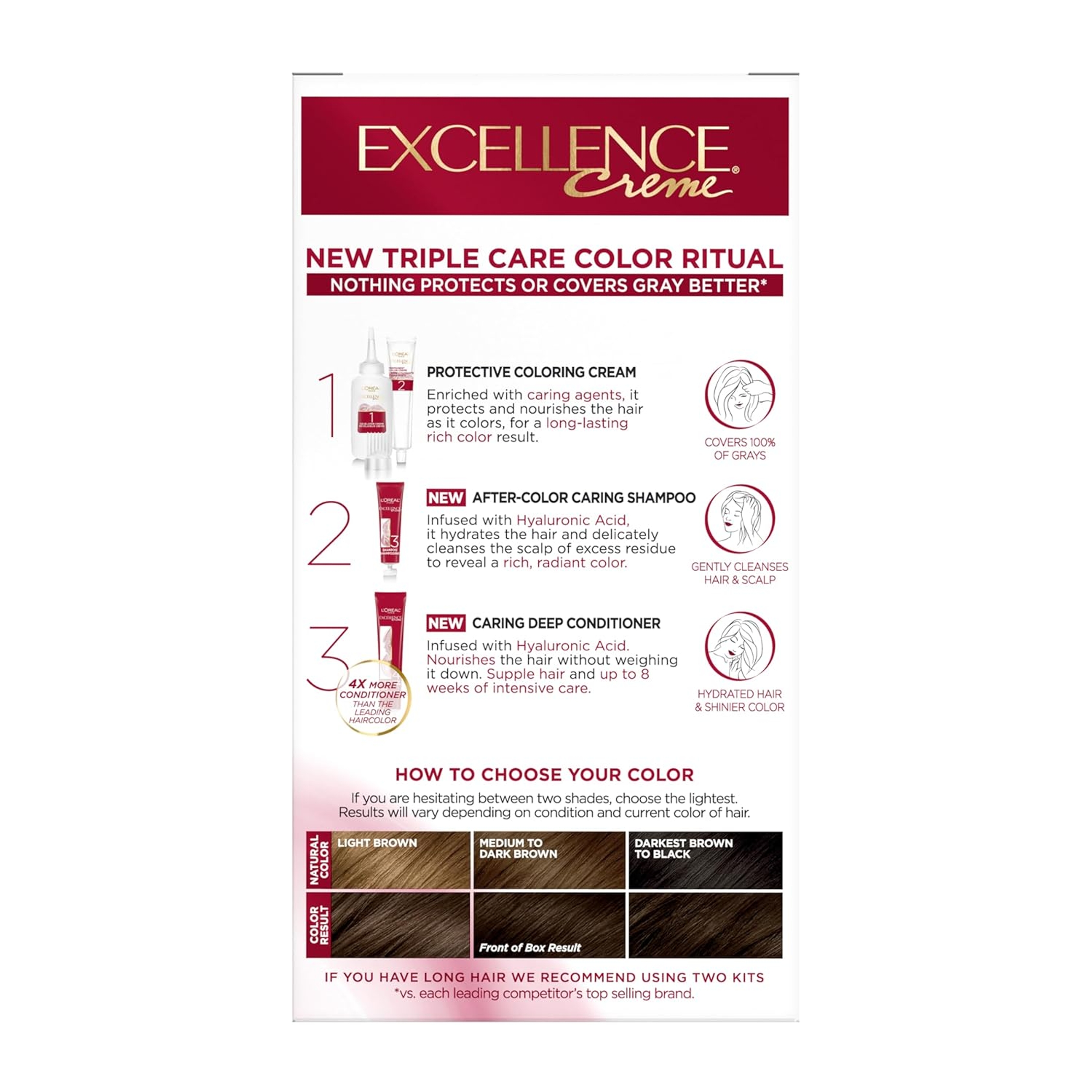 L'Oreal Paris Excellence Crème Triple Care Color, 4 Dark Brown, 1 Kit - Permanent Hair Dye with Hyaluronic Acid 10