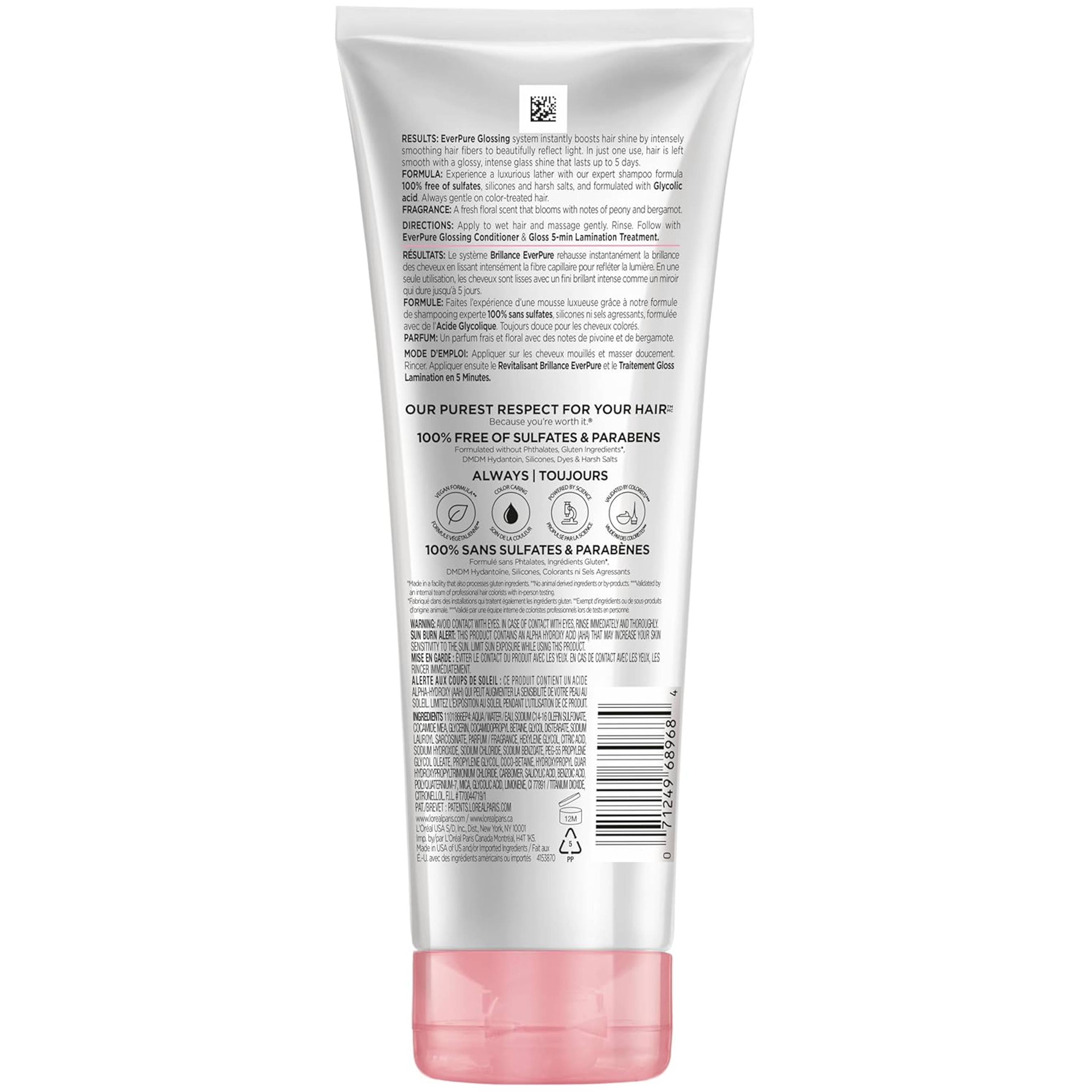 L'Oreal Paris EverPure Glossing Shampoo 6.8 fl.oz - Boost Shine & Smooth for Dull, Color-Treated Hair with Glycolic Acid 10