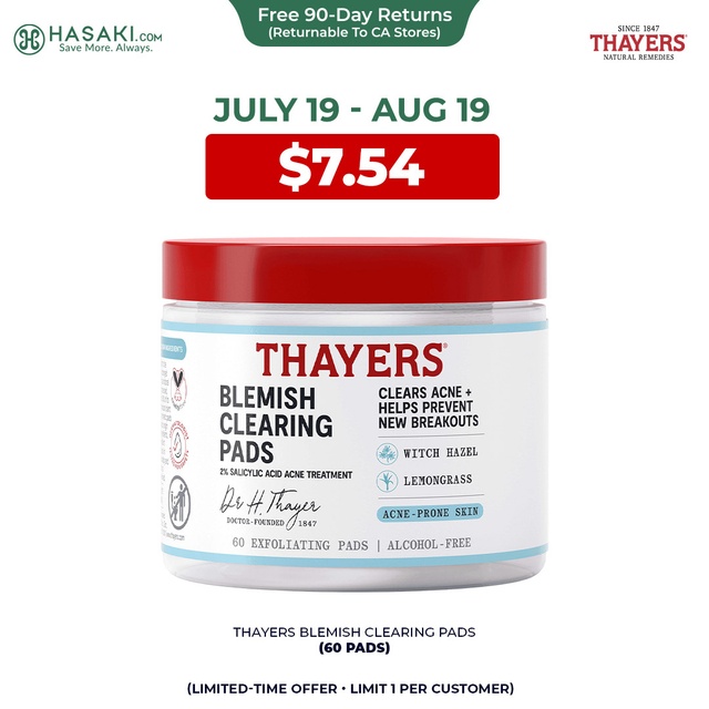 Thayers Blemish Clearing Pads (60 Pads) - Salicylic Acid Acne Treatment for Face
