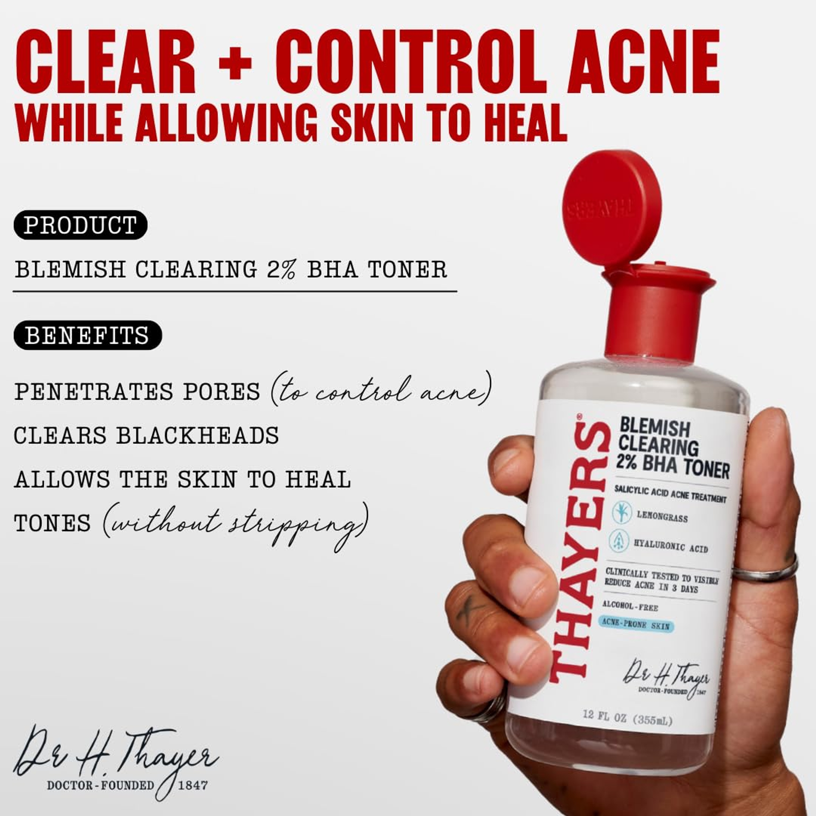 Thayers Blemish Clearing 2% BHA Toner 12 fl.oz - Salicylic Acid Acne Treatment Face Toner 2