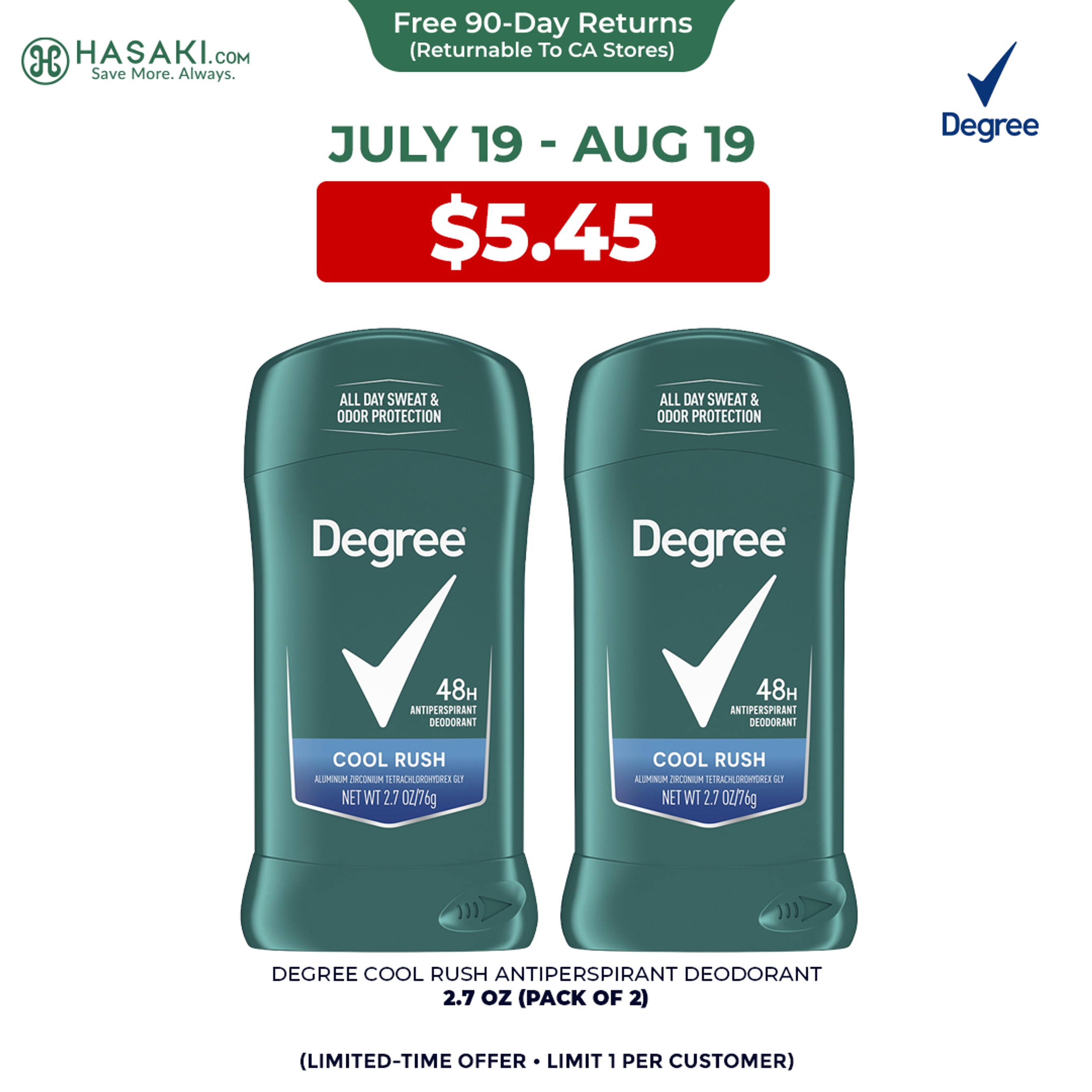 Degree Men Cool Rush Antiperspirant Deodorant Stick 2.7 oz (Pack of 2) - 48HR Sweat & Odor Protection 1