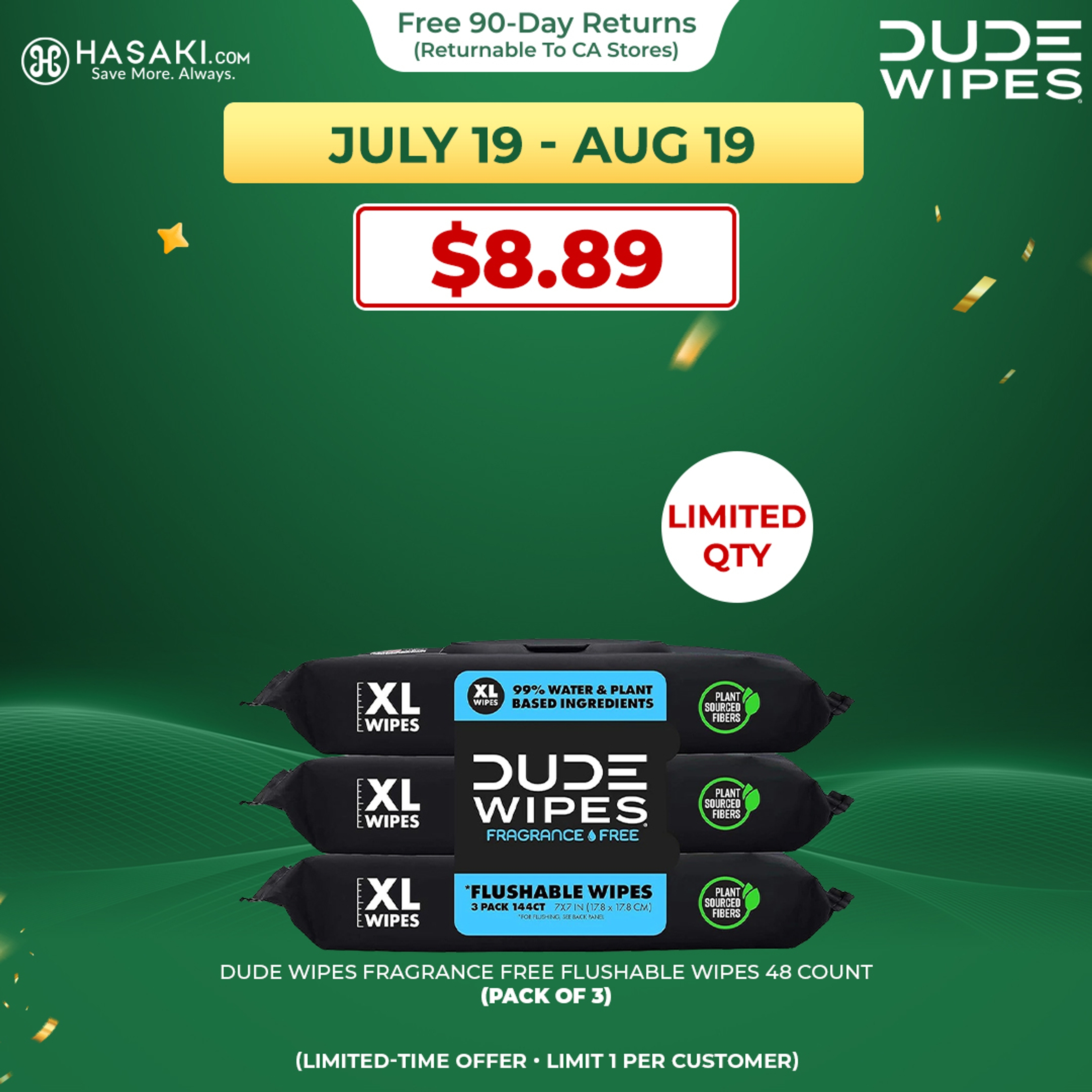 DUDE Wipes Fragrance Free Flushable Wipes 48 Count (Pack of 3) - Extra-Large Adult Wet Wipes for Sensitive Skin 1