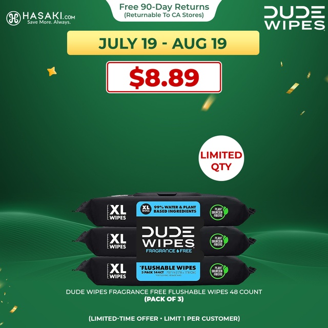 DUDE Wipes Fragrance Free Flushable Wipes 48 Count (Pack of 3) - Extra-Large Adult Wet Wipes for Sensitive Skin