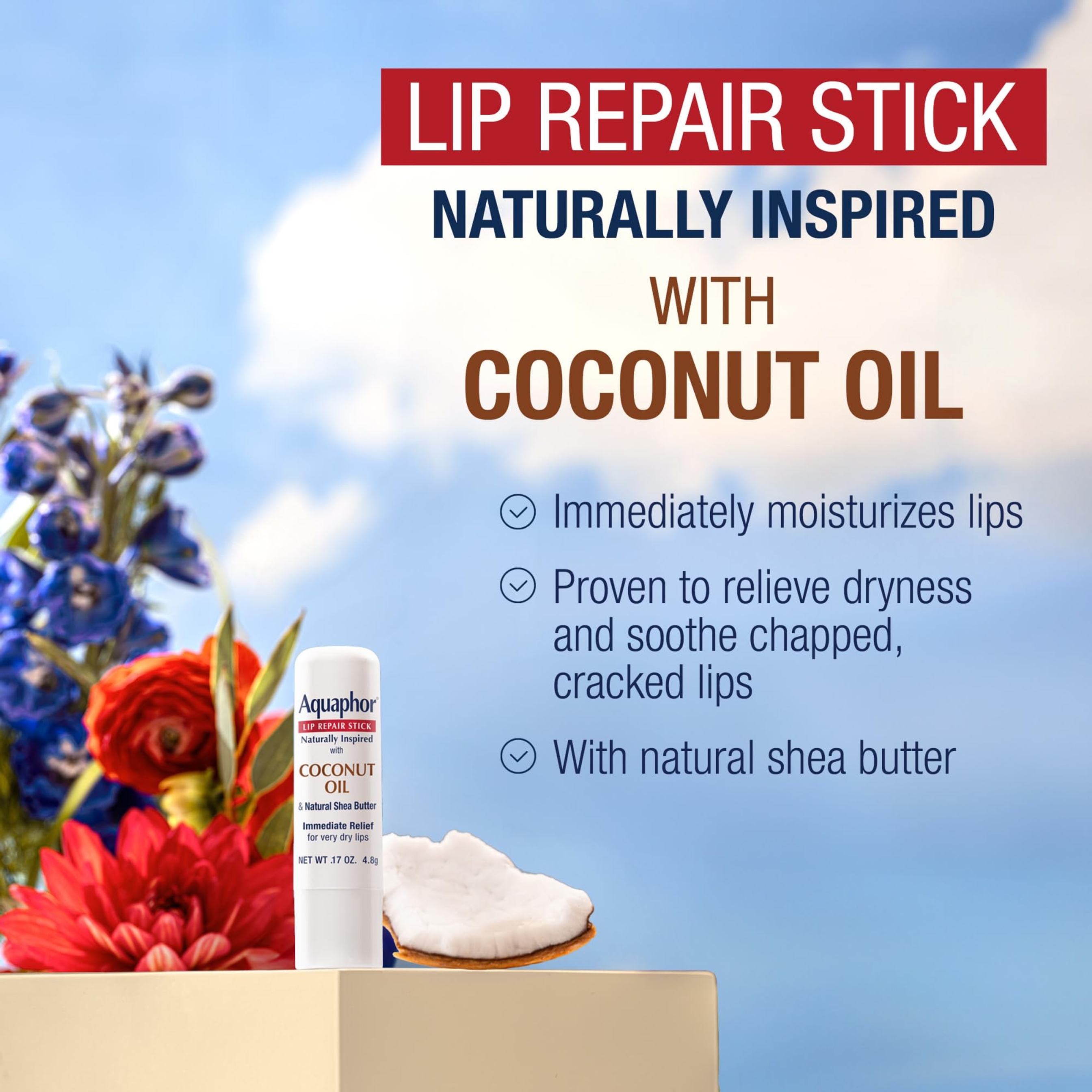 Aquaphor Naturally Inspired Lip Repair Stick, Coconut Oil, 0.17 oz - Hydrating Lip Balm Immediately Relieves Dryness 3
