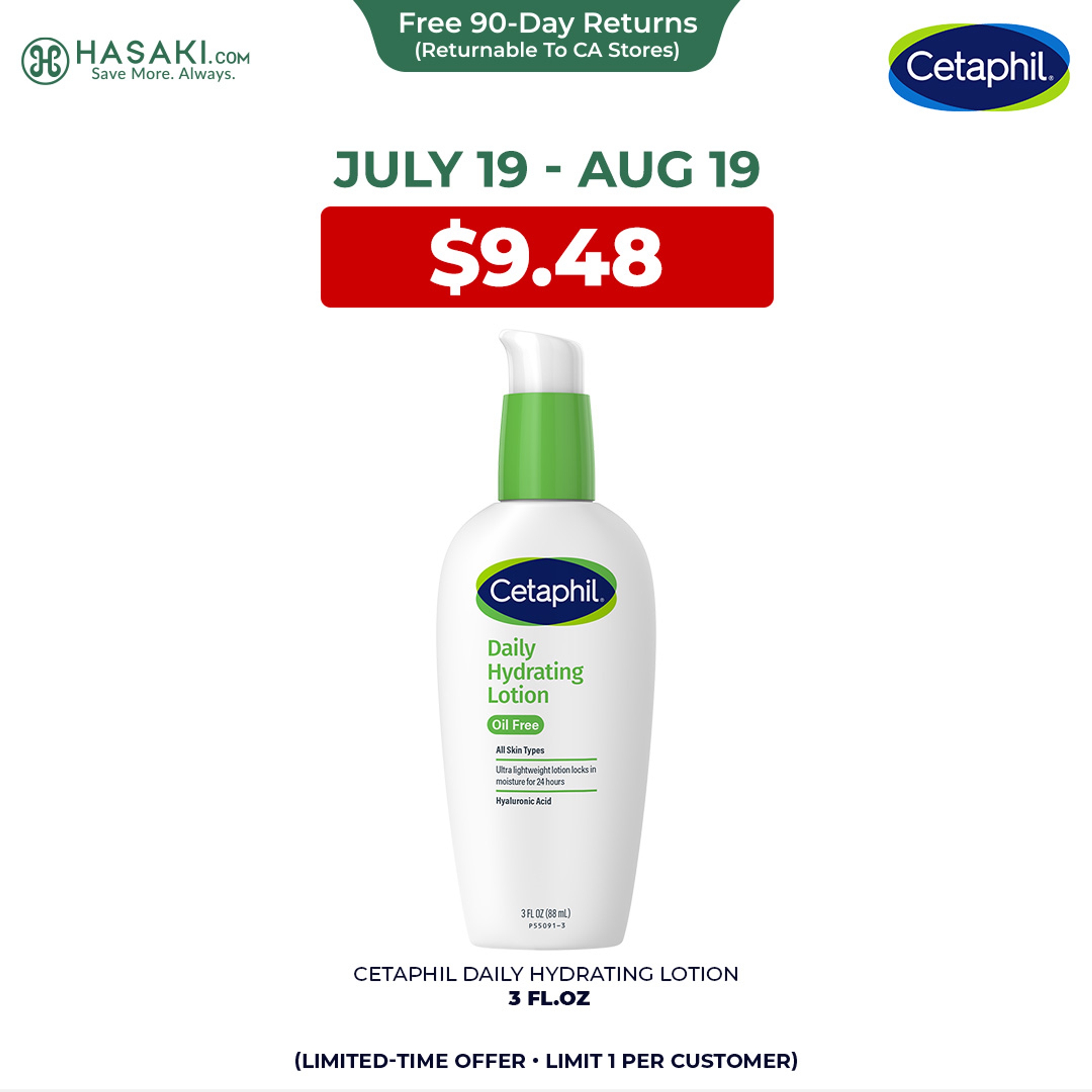 Cetaphil Daily Hydrating Lotion 3 fl.oz - Ultra Lightweight Moisturizer with Hyaluronic Acid for Face 1