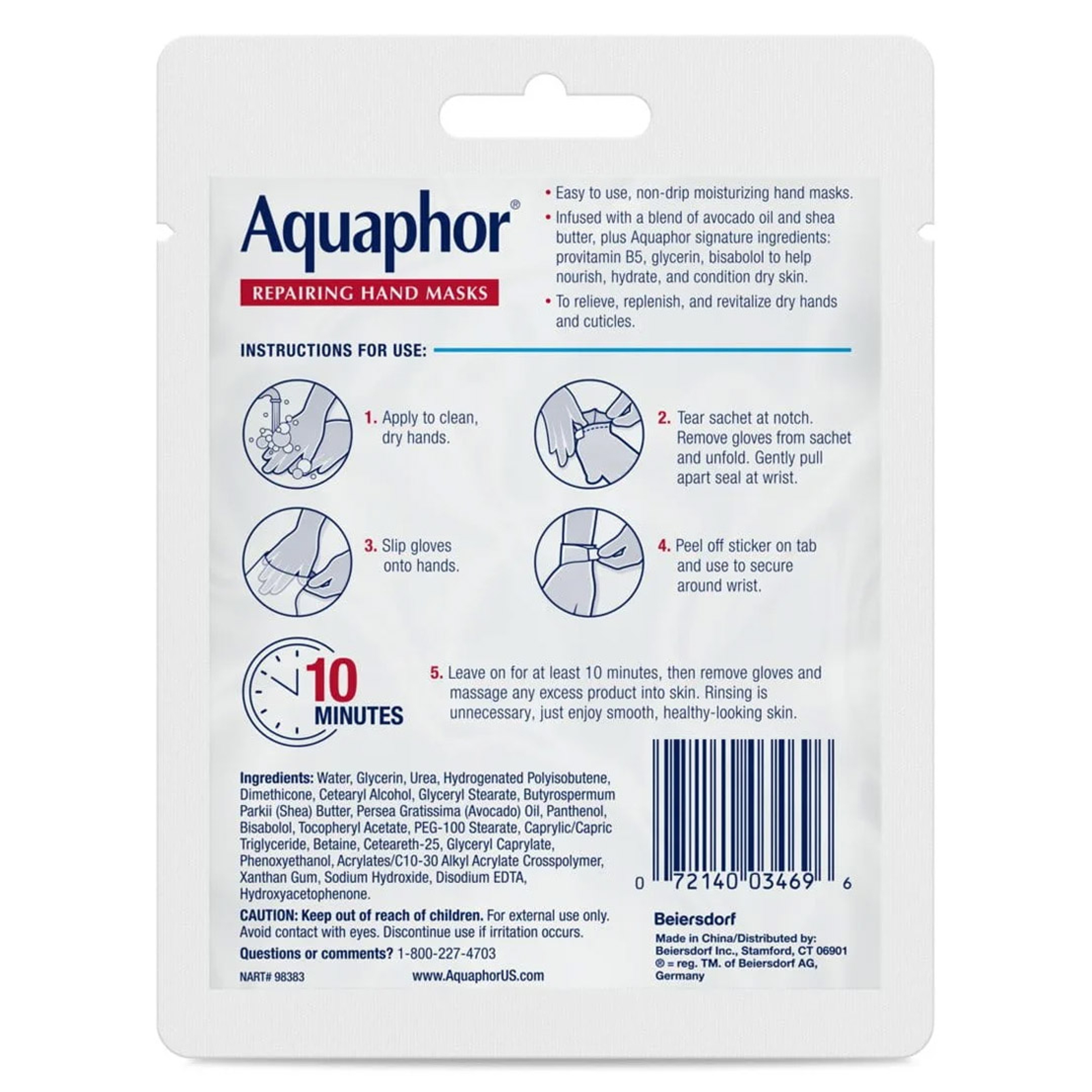 Aquaphor Repairing Hand Masks 1 Pair - Moisturizing Gloves for Dry Hands with Avocado Oil & Shea Butter 12