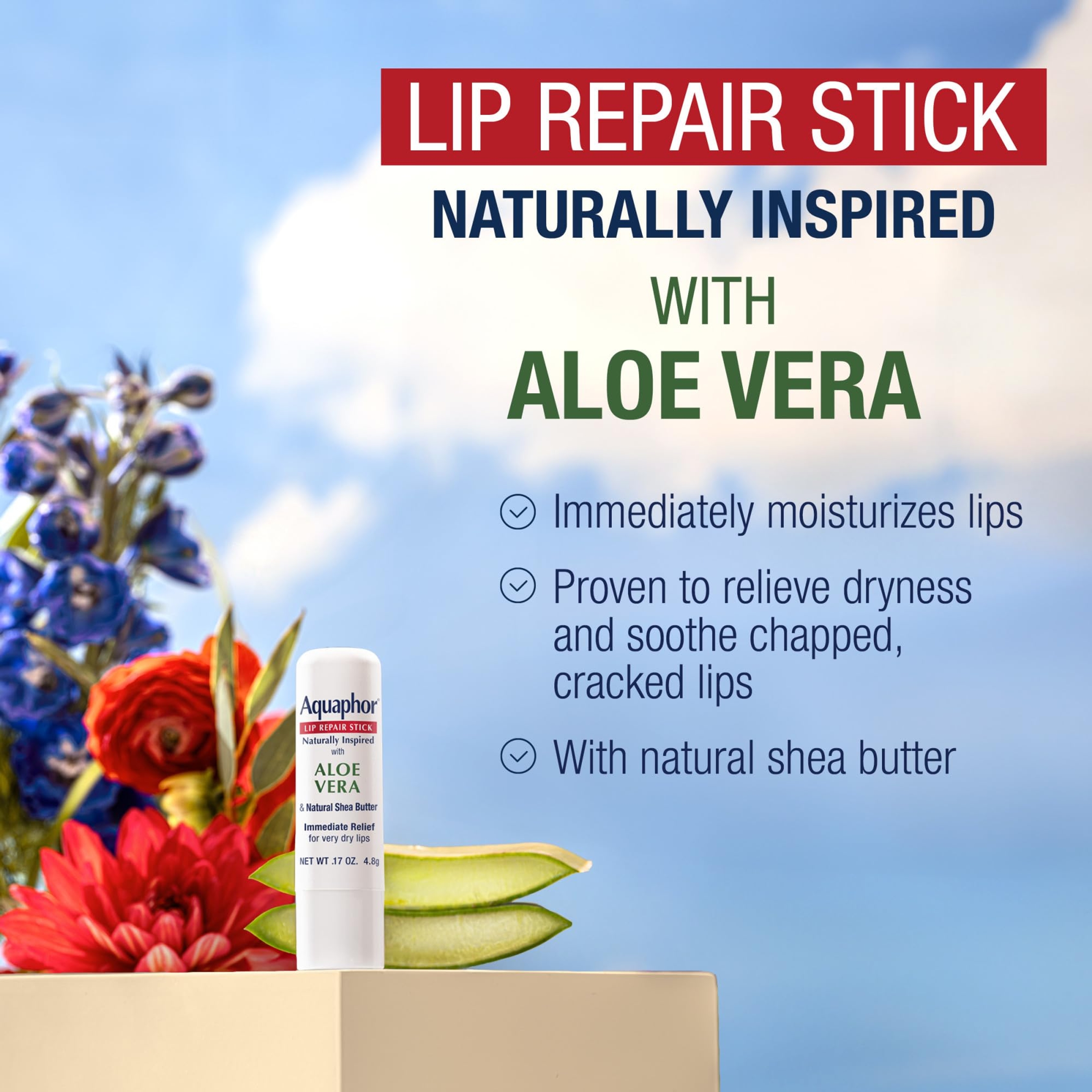 Aquaphor Naturally Inspired Lip Repair Stick, Aloe Vera, 0.17 oz - Hydrating Lip Balm Immediately Relieves Dryness 3