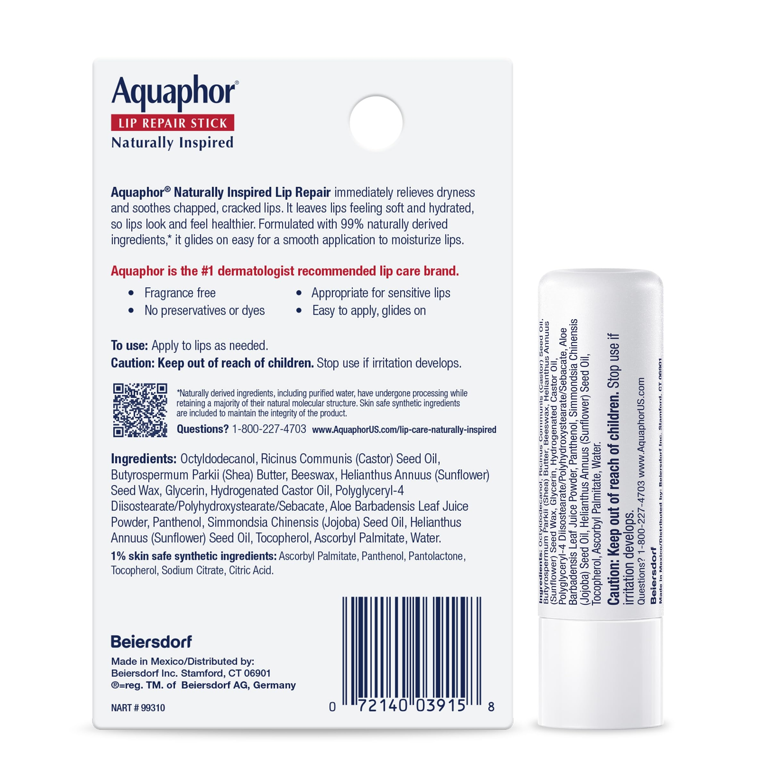 Aquaphor Naturally Inspired Lip Repair Stick, Aloe Vera, 0.17 oz - Hydrating Lip Balm Immediately Relieves Dryness 10