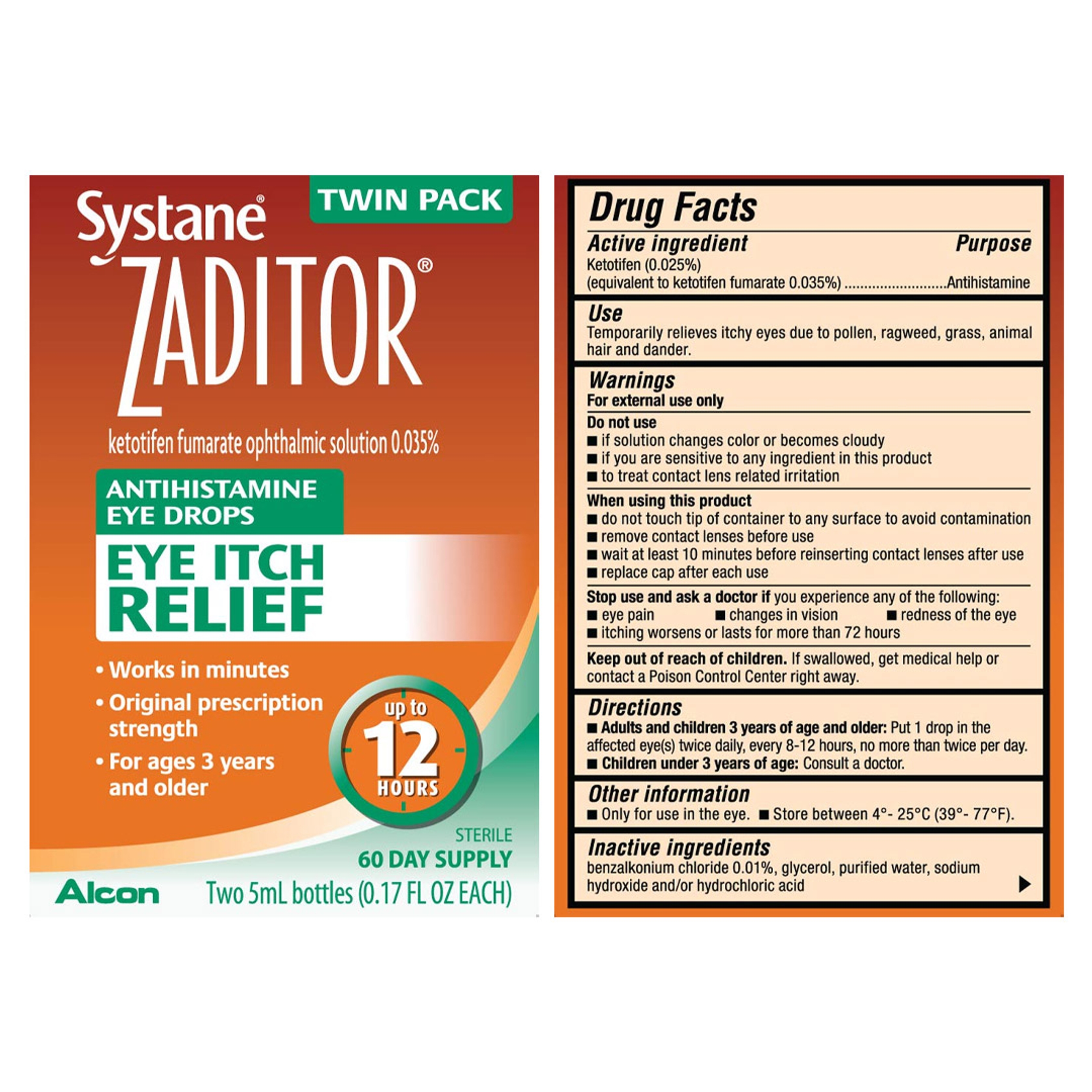 Alcon Systane Zaditor Antihistamine Eye Drops 0.17 fl.oz (Pack of 2) - Fast-Acting, Long-Lasting Eye Itch Relief 2